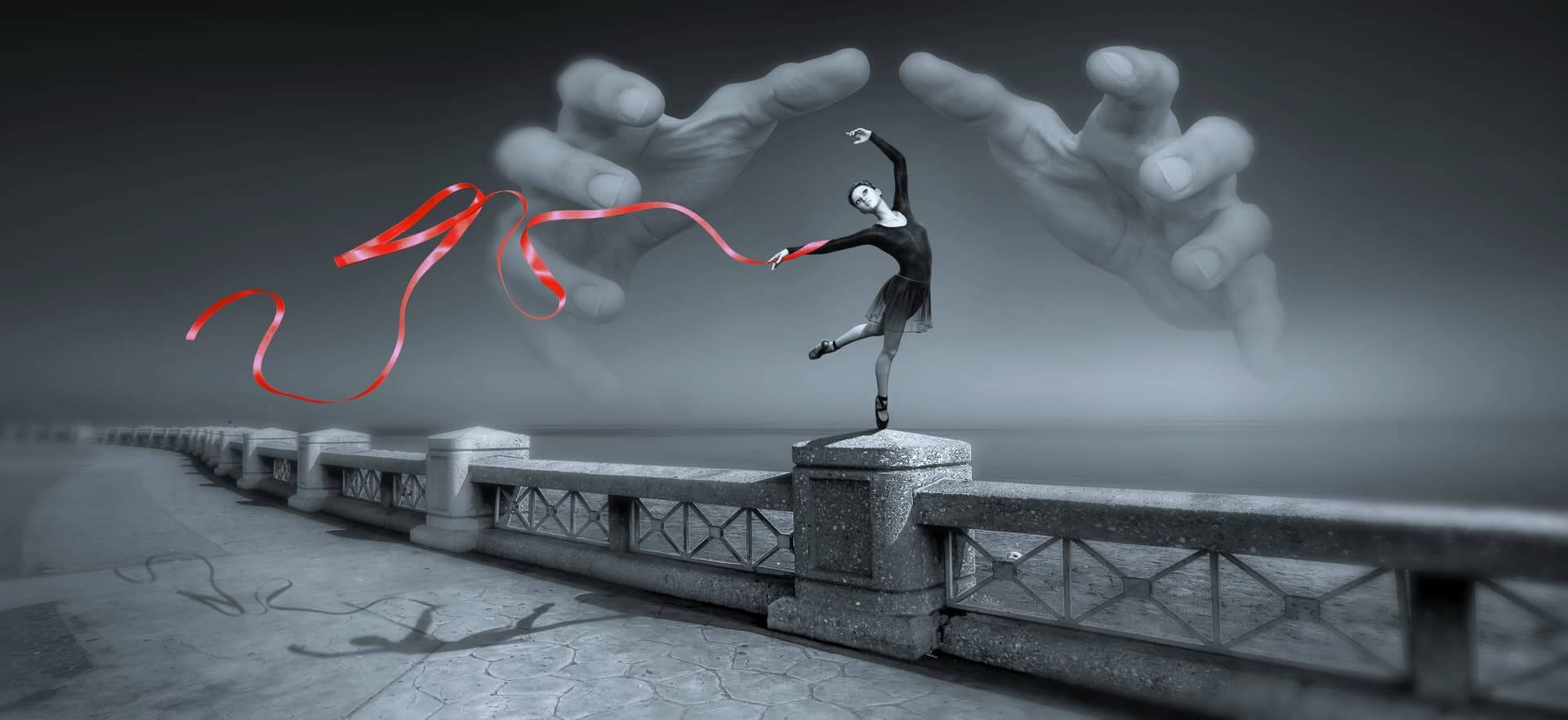 A ballerina dances with a red ribbon, giant hands looming overhead anime wallpaper, 4K