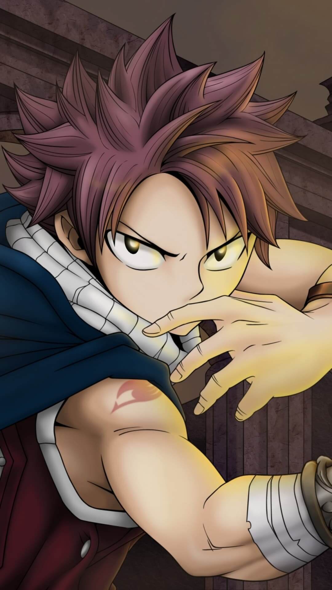 A close-up of Natsu Dragneel, showing his intense gaze and guild mark anime wallpaper, 4K
