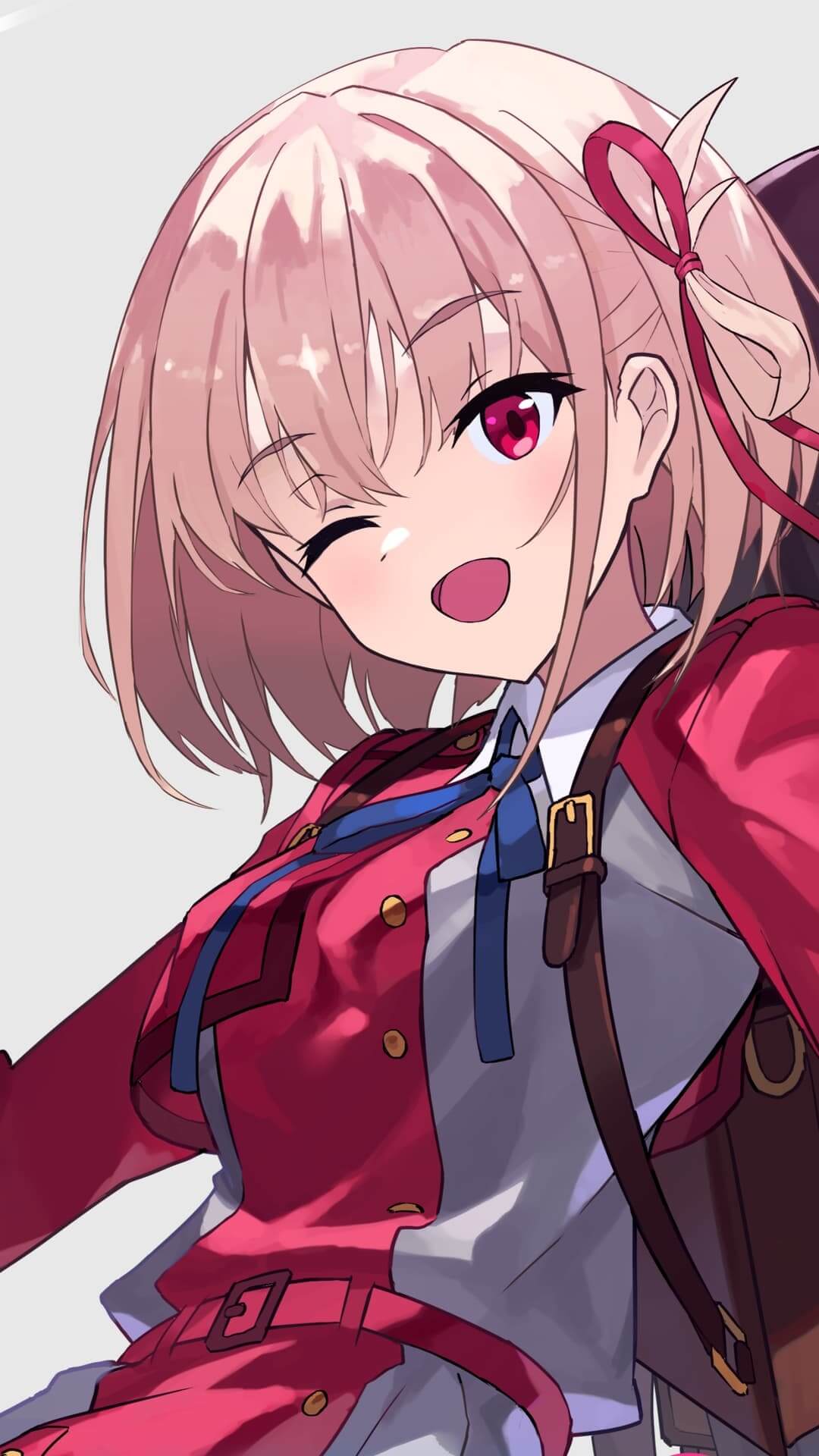 A cute anime girl winks, wearing a red jacket and a backpack anime wallpaper, 4K