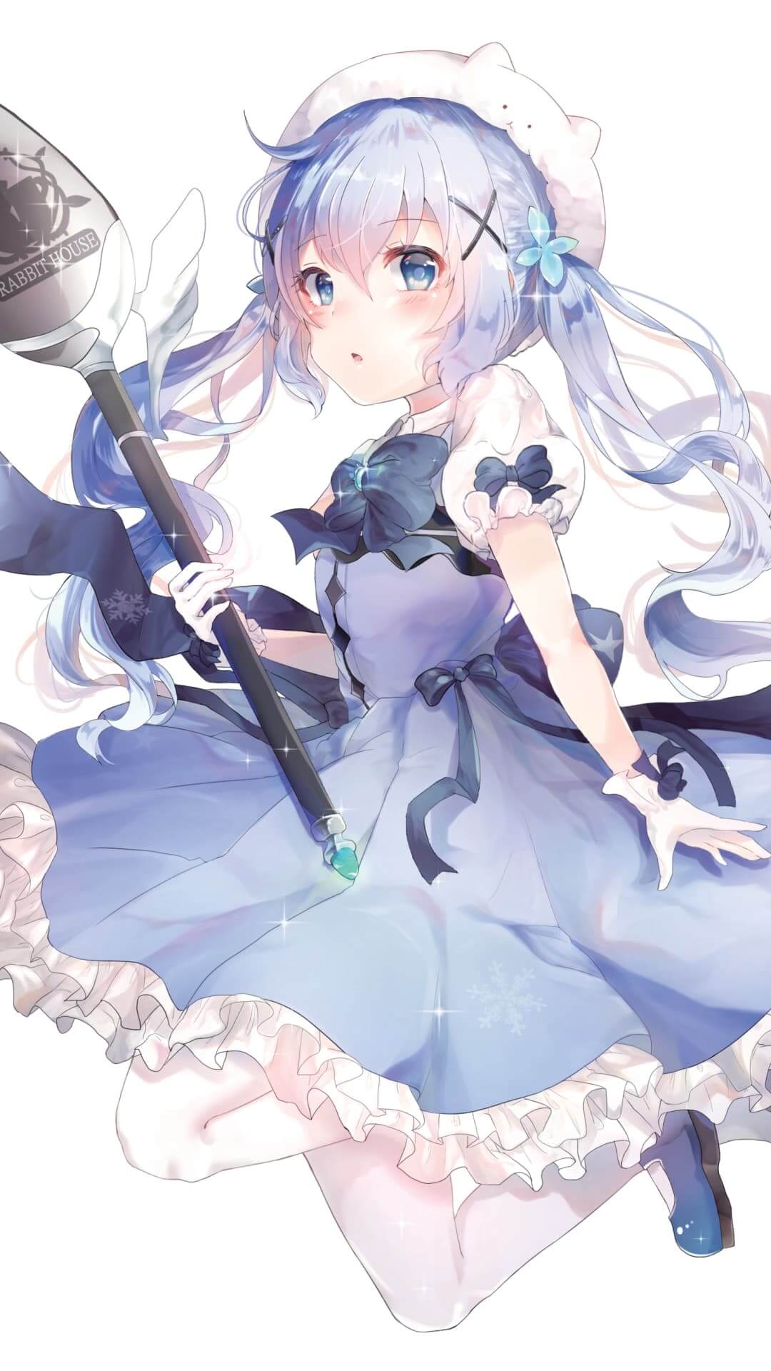 A cute girl in a light blue dress holding a staff anime wallpaper, 4K