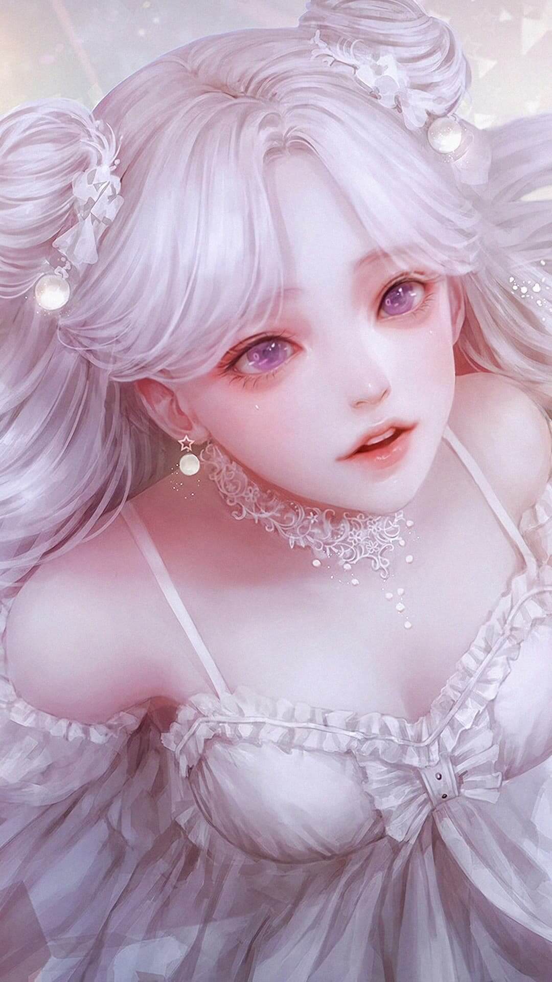 A delicate girl with white hair and a white dress anime wallpaper, 4K