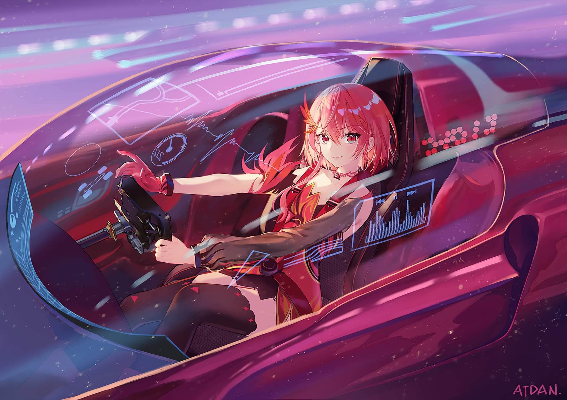 A girl driving a futuristic car anime wallpaper, 4K