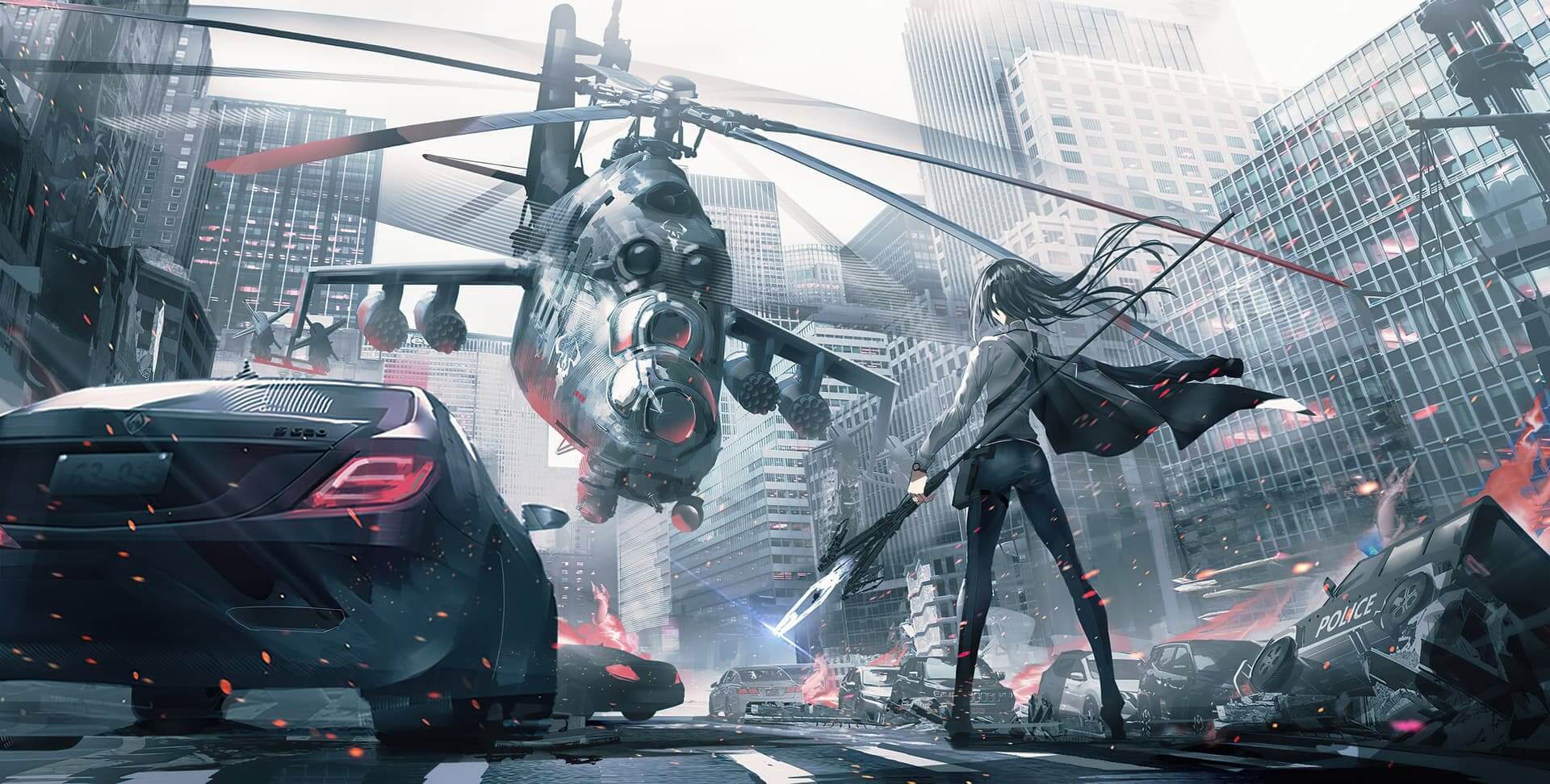 A girl fights with a futuristic weapon in a city under attack anime wallpaper, 4K