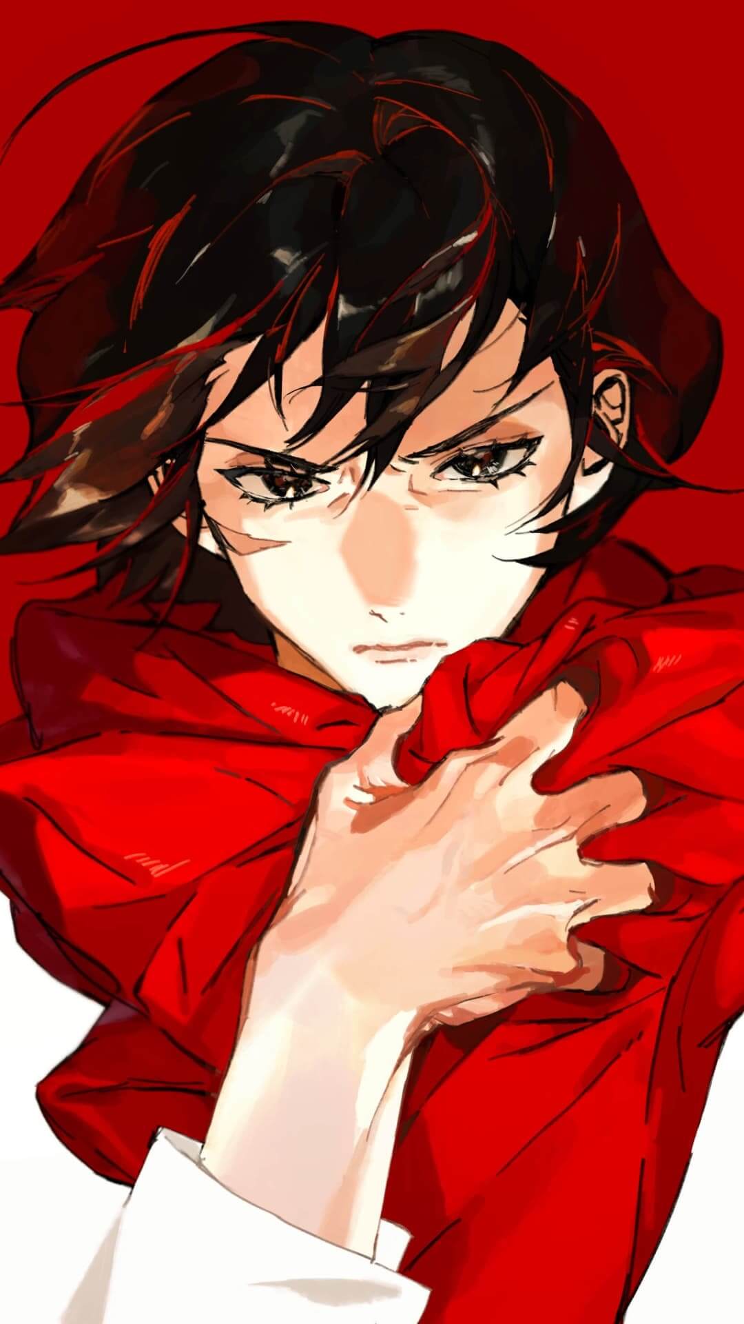 A girl in a red coat, intense gaze anime wallpaper, 4K