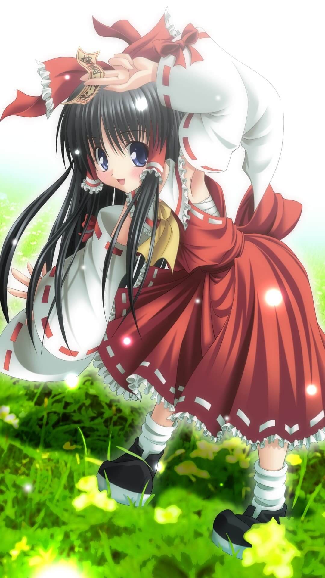 A girl in a red dress in a field anime wallpaper, 4K