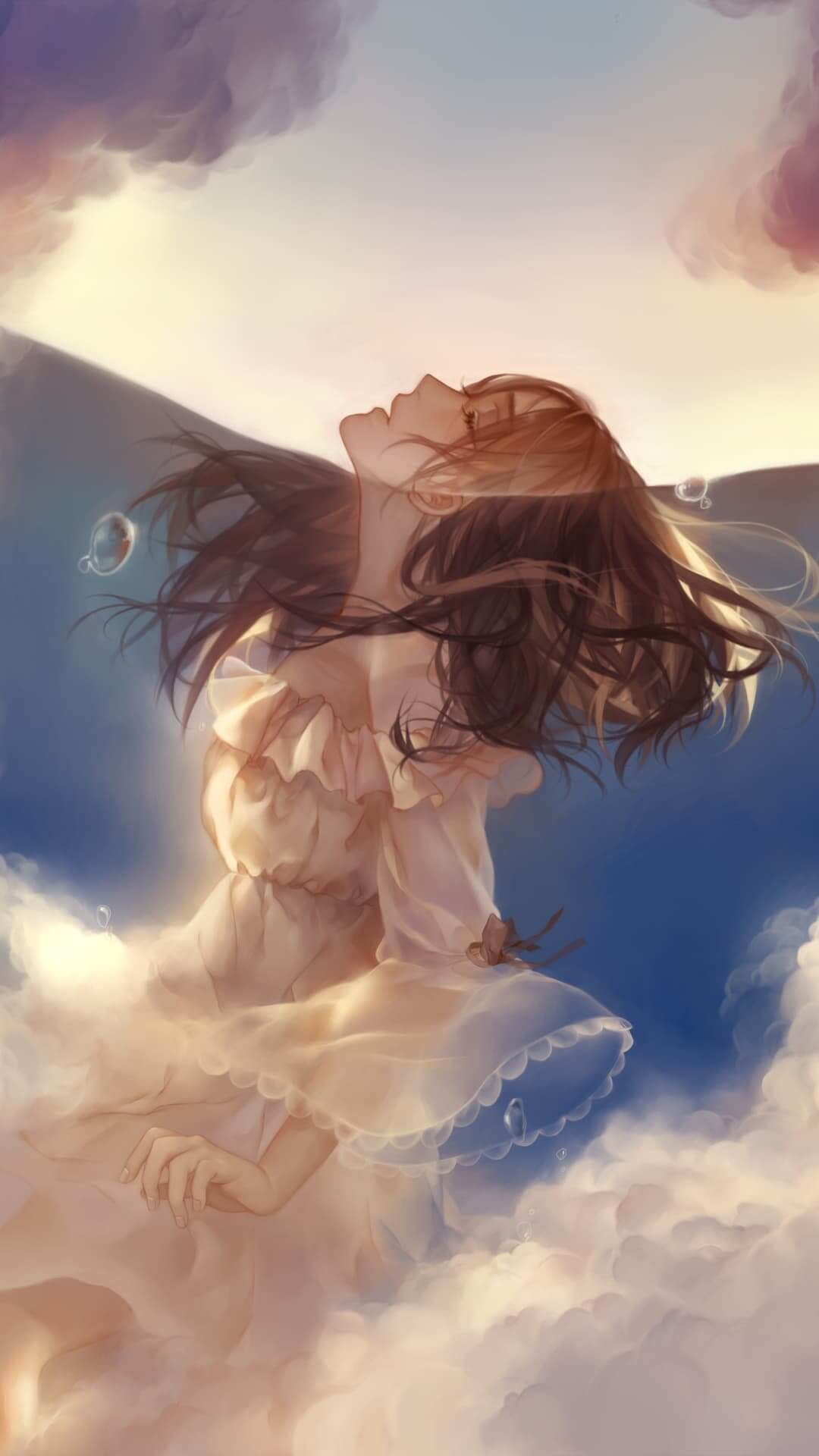 A girl in a white dress floats in the clouds anime wallpaper, 4K