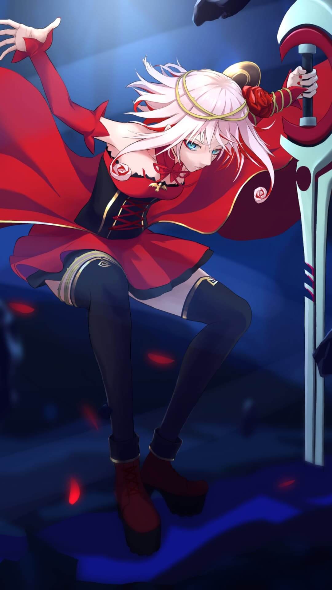 A girl in red fighting with a crescent-shaped sword anime wallpaper, 4K
