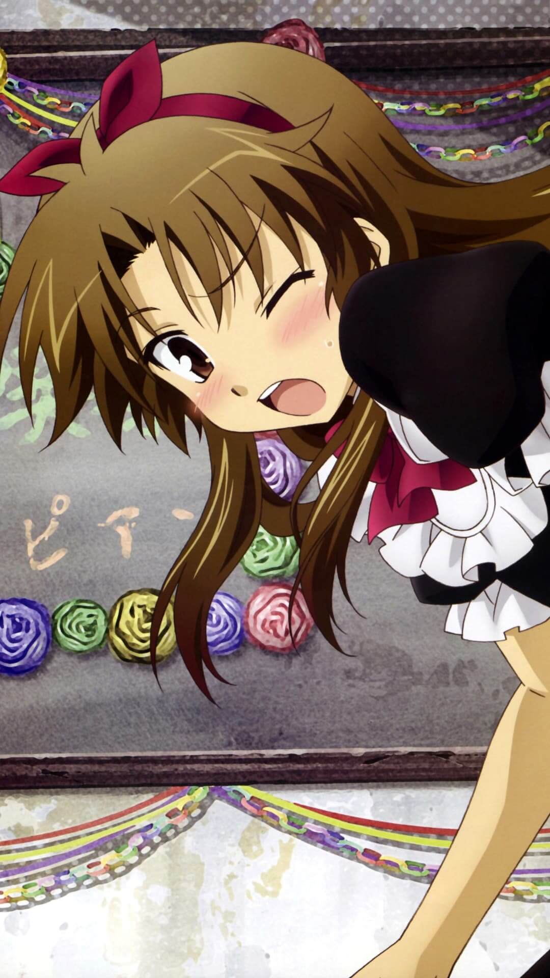 A girl winks playfully near a decorated board anime wallpaper, 4K