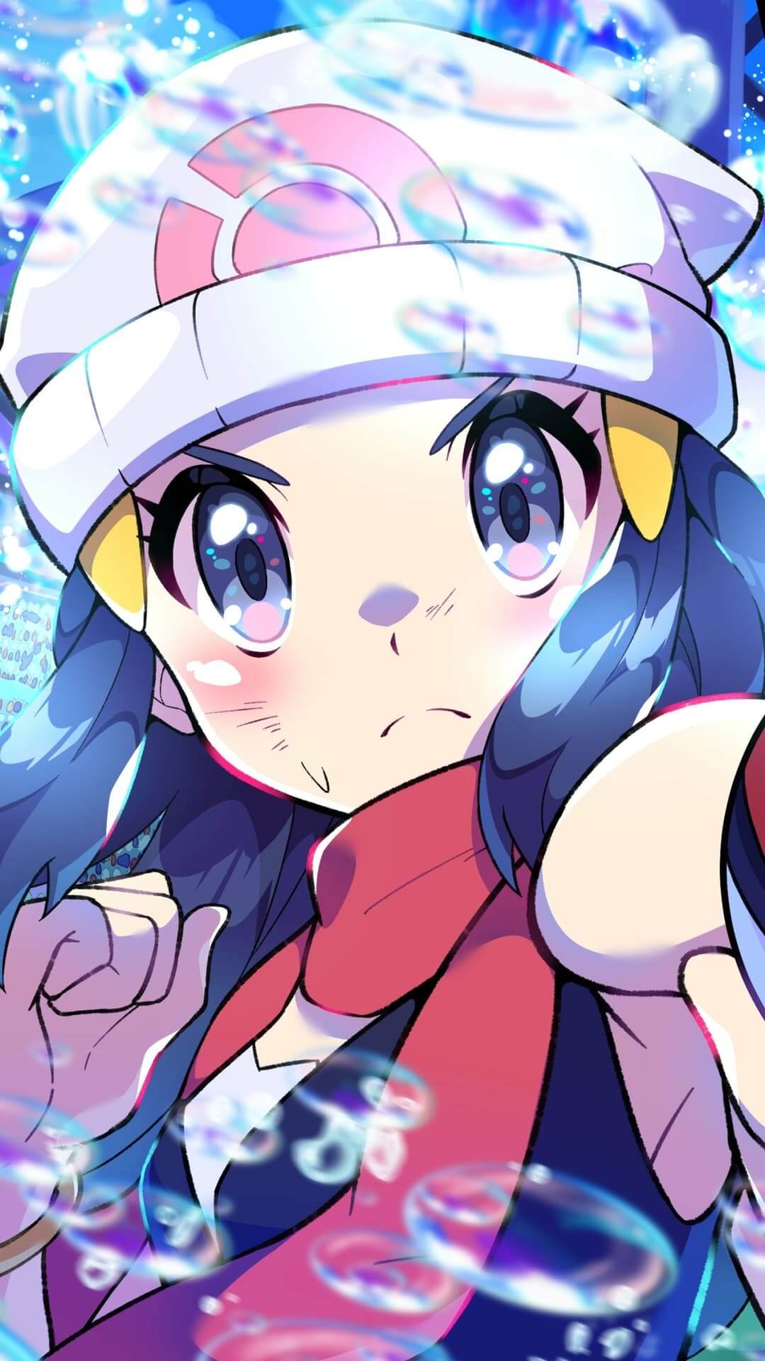 A girl with blue hair and a white hat, surrounded by bubbles anime wallpaper, 4K
