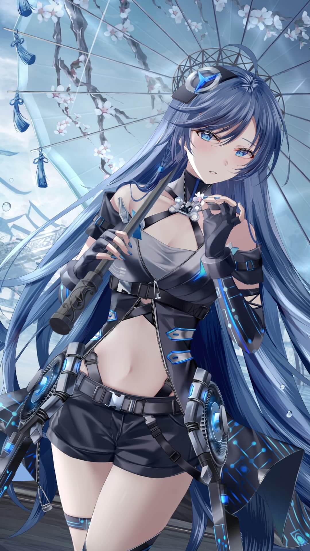 A girl with blue hair holding an umbrella anime wallpaper, 4K