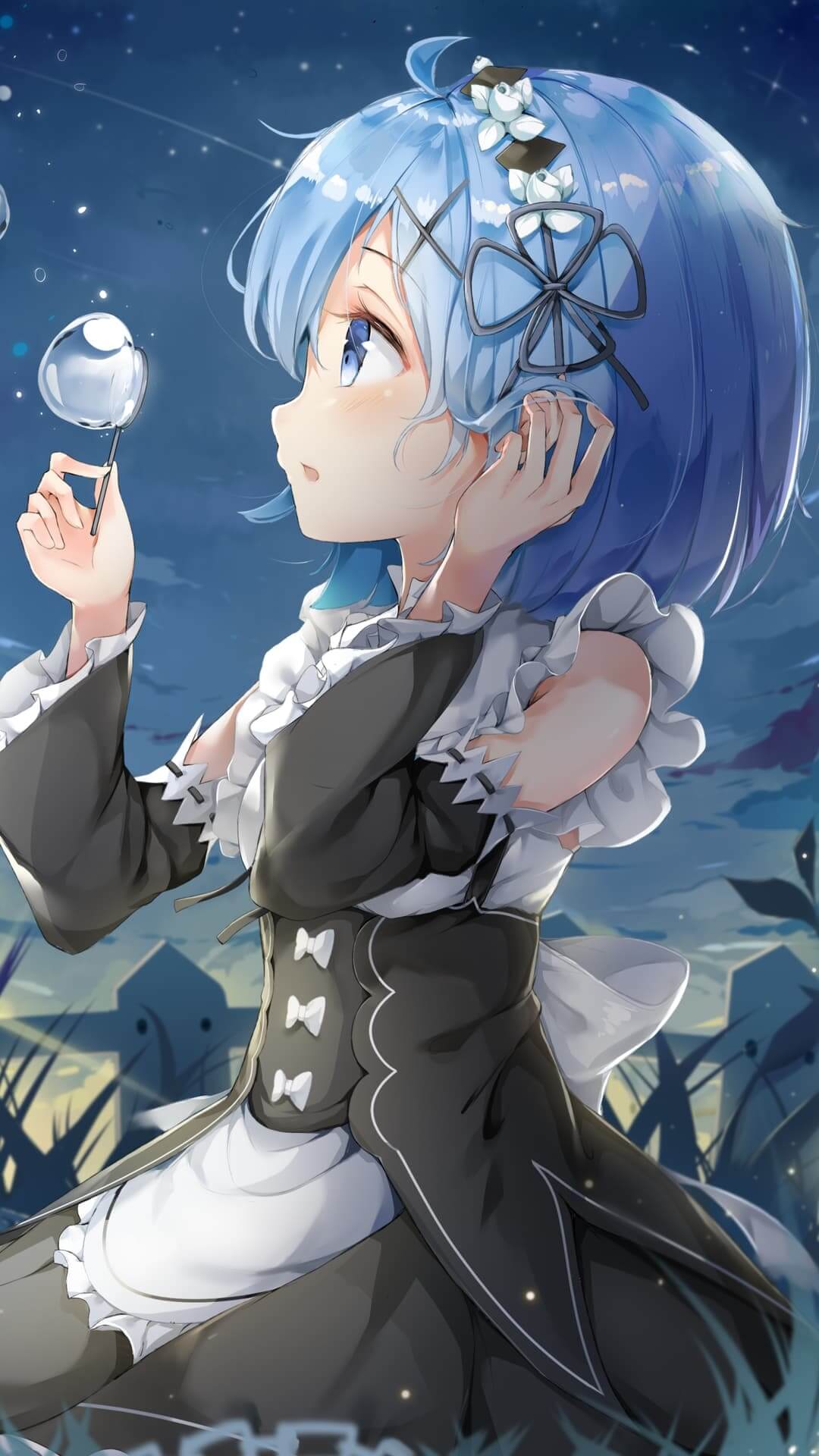 A girl with blue hair is looking at bubbles anime wallpaper, 4K
