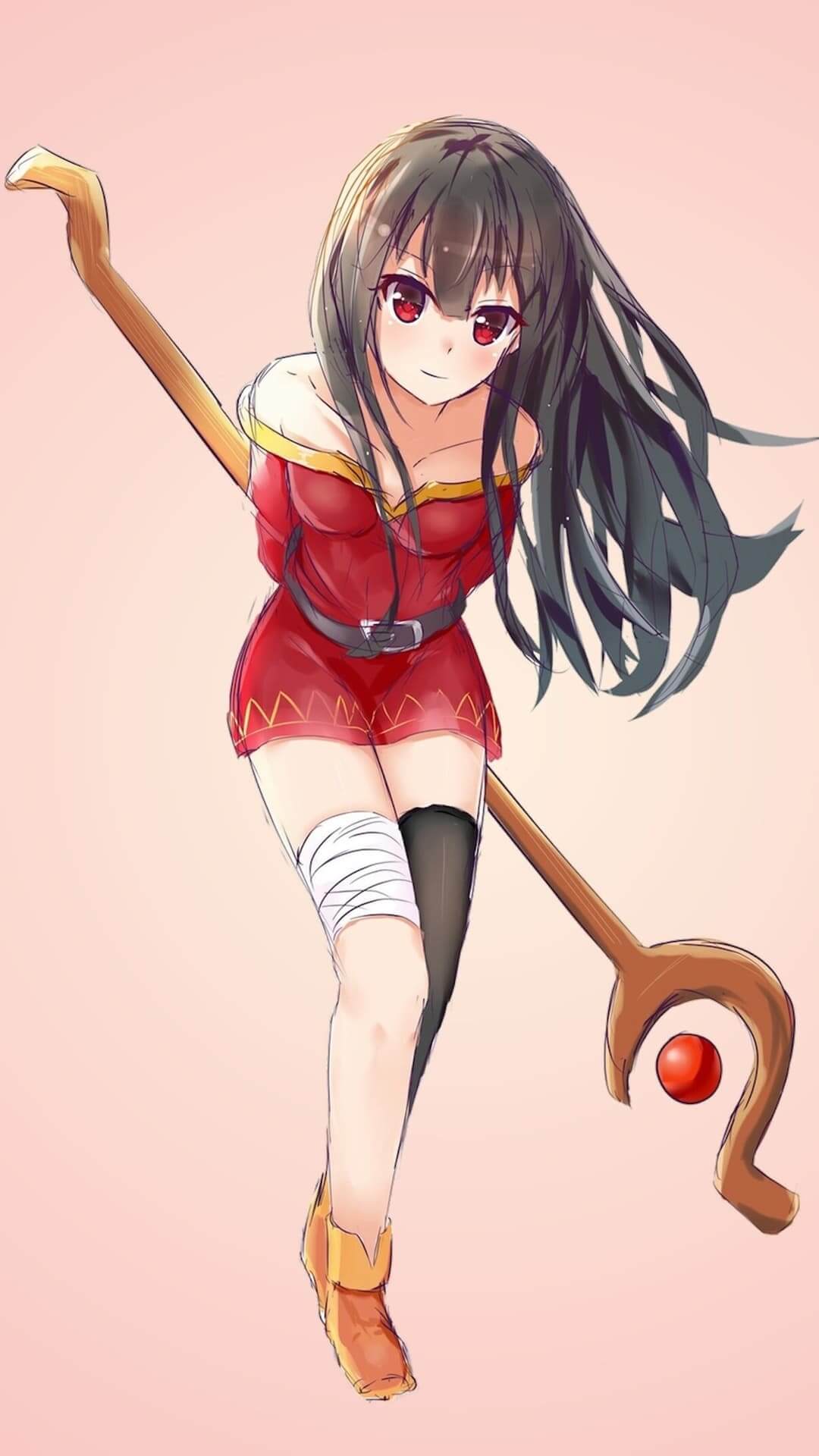 A girl with dark hair in a red dress holds a staff anime wallpaper, 4K