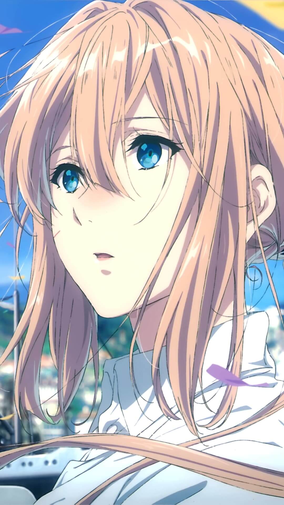 A girl with light brown hair looks into the distance anime wallpaper, 4K