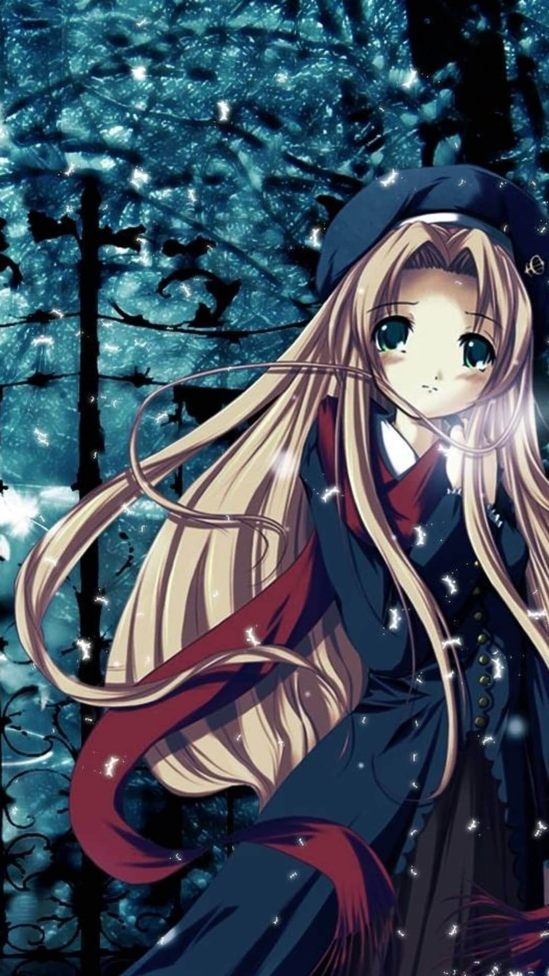 A girl with long blonde hair wearing a red scarf and a blue coat anime wallpaper, 4K