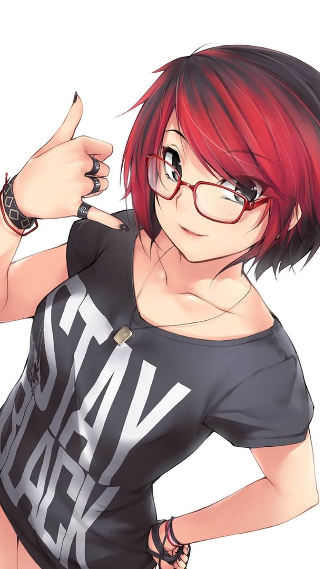 A girl with red hair and glasses making a phone call gesture anime wallpaper, 4K