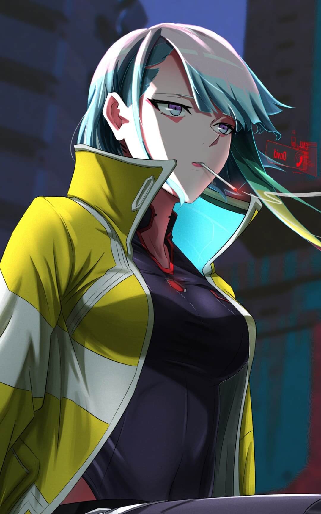 A girl with teal hair smoking in a yellow jacket anime wallpaper, 4K