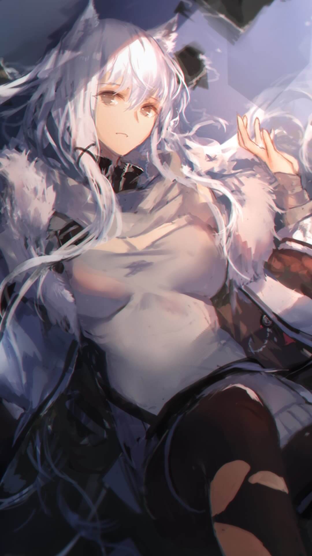 A girl with white hair and cat ears in a dark setting anime wallpaper, 4K