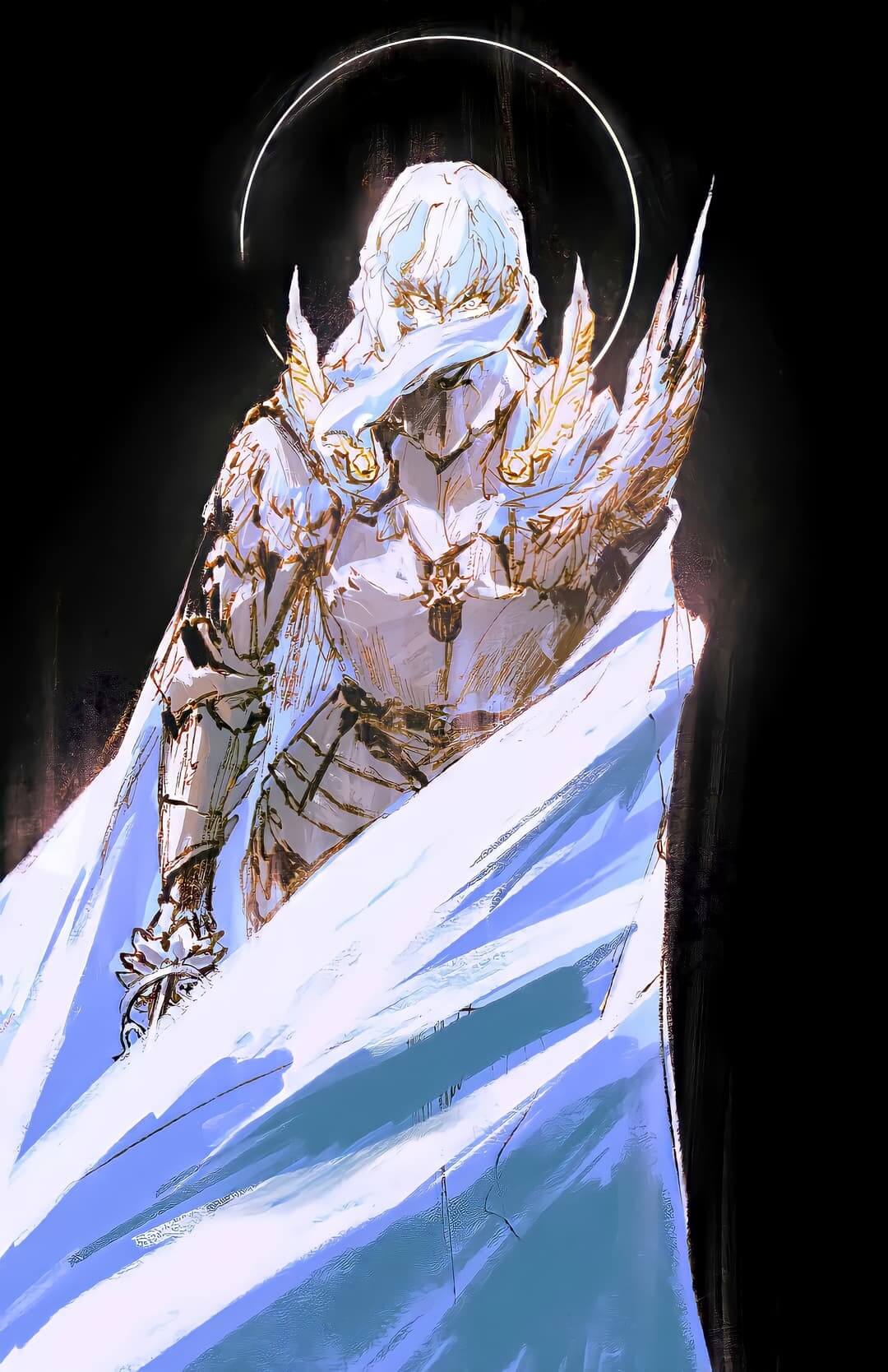 A holy warrior in white armor and a flowing cloak anime wallpaper, 4K