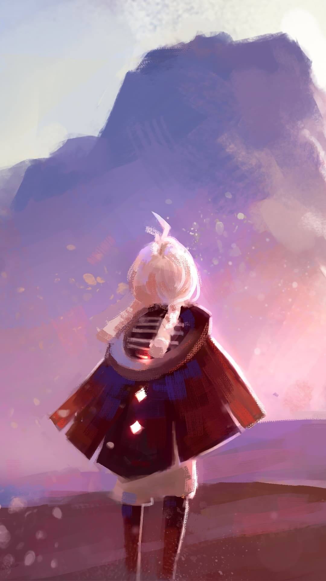 A lone figure in a red cloak stands before a mountain anime wallpaper, 4K