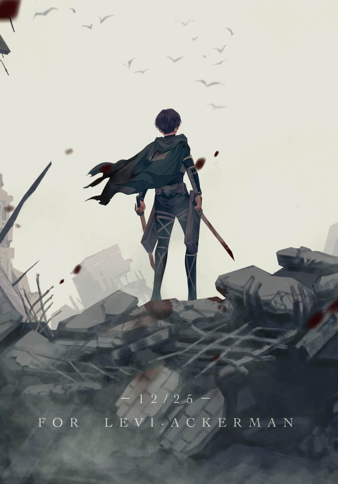 A lone figure stands amidst rubble, swords drawn anime wallpaper, 4K