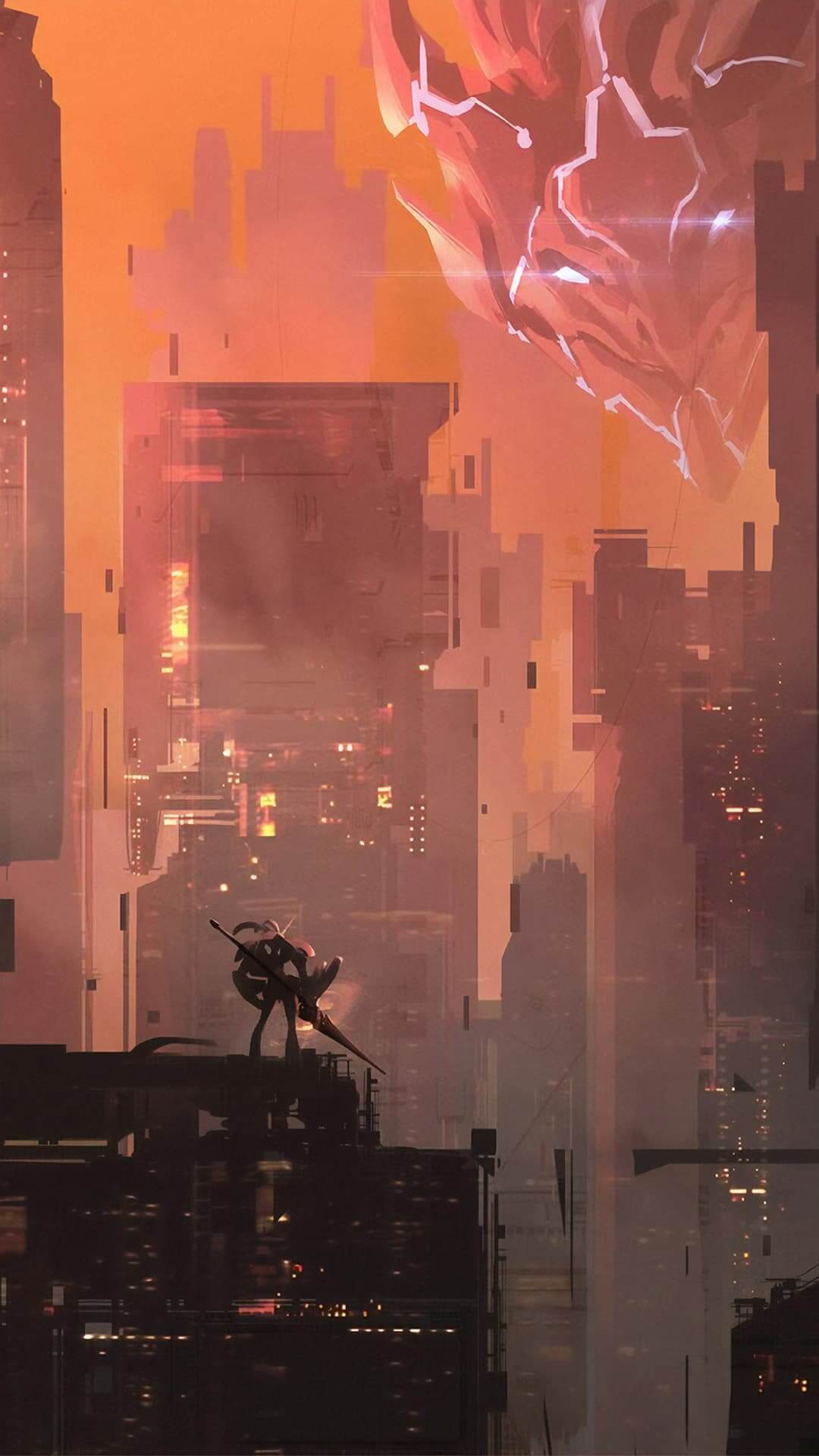 A lone figure stands atop a futuristic cityscape anime wallpaper, 4K