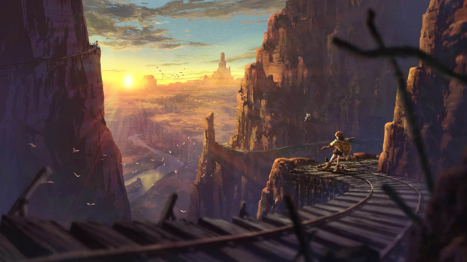 A lone traveler on a high cliff path, sunset over a vast canyon anime wallpaper, 4K