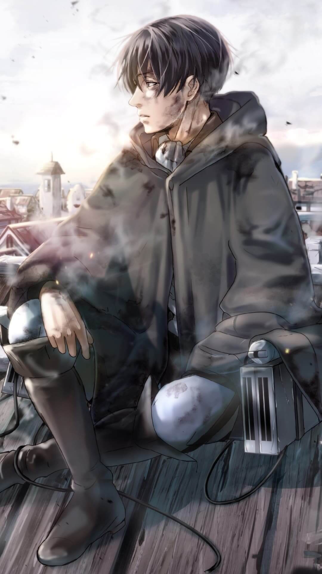 A lonely soldier rests on a rooftop, smoke and dust surround him anime wallpaper, 4K