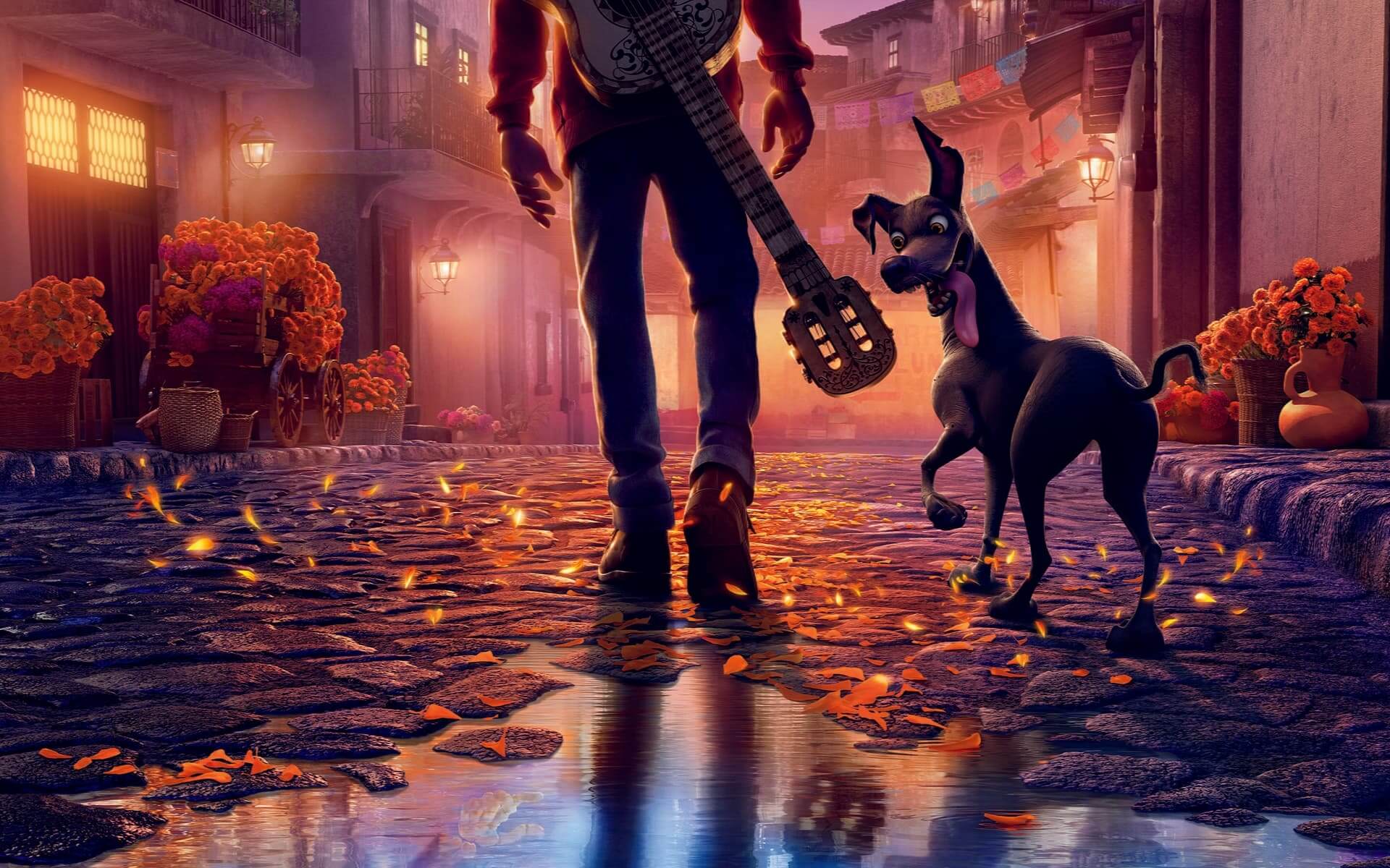 A man and his dog walking down a cobblestone street anime wallpaper, 4K