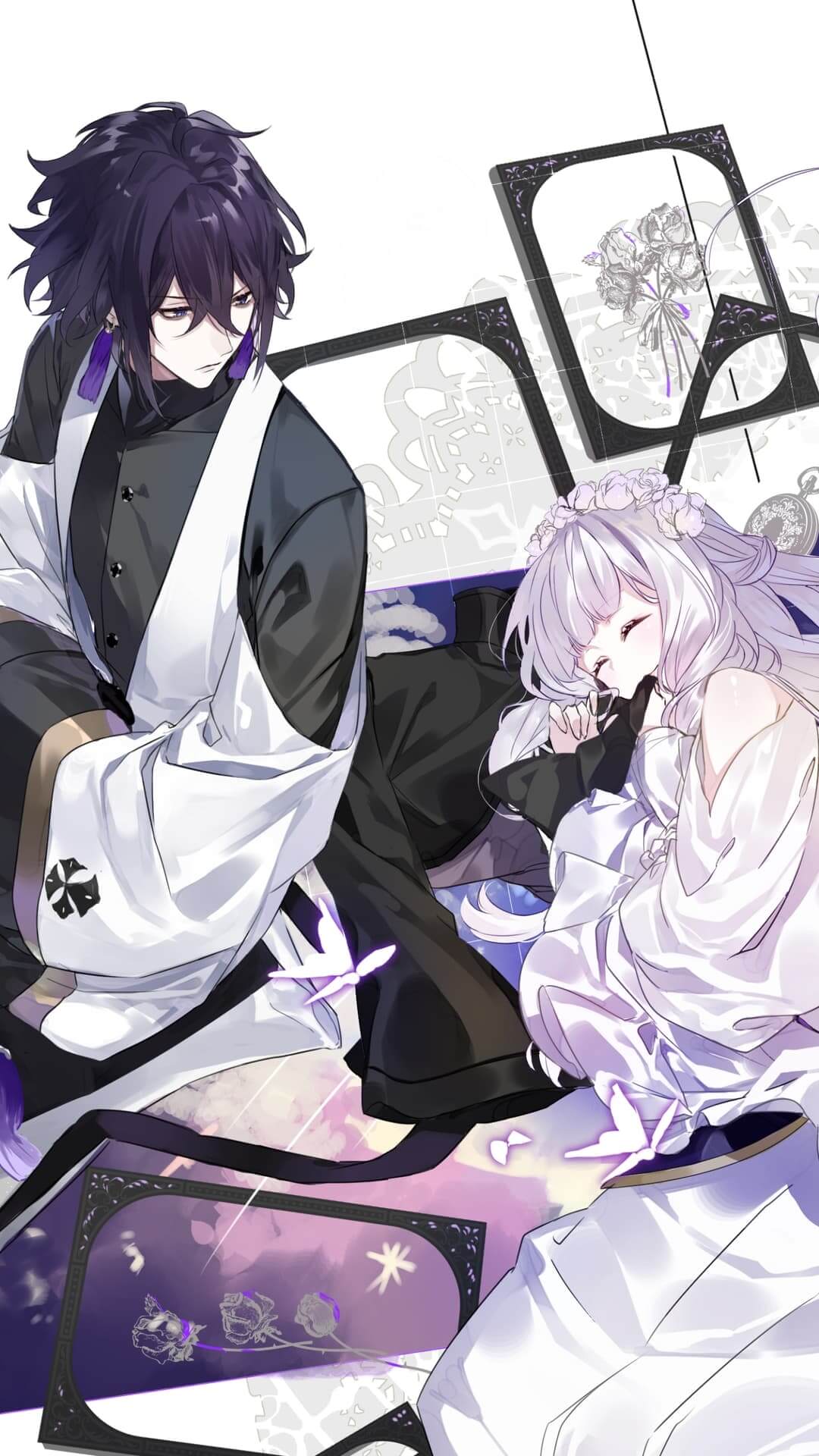 A man and woman in traditional clothing, surrounded by ornate frames anime wallpaper, 4K