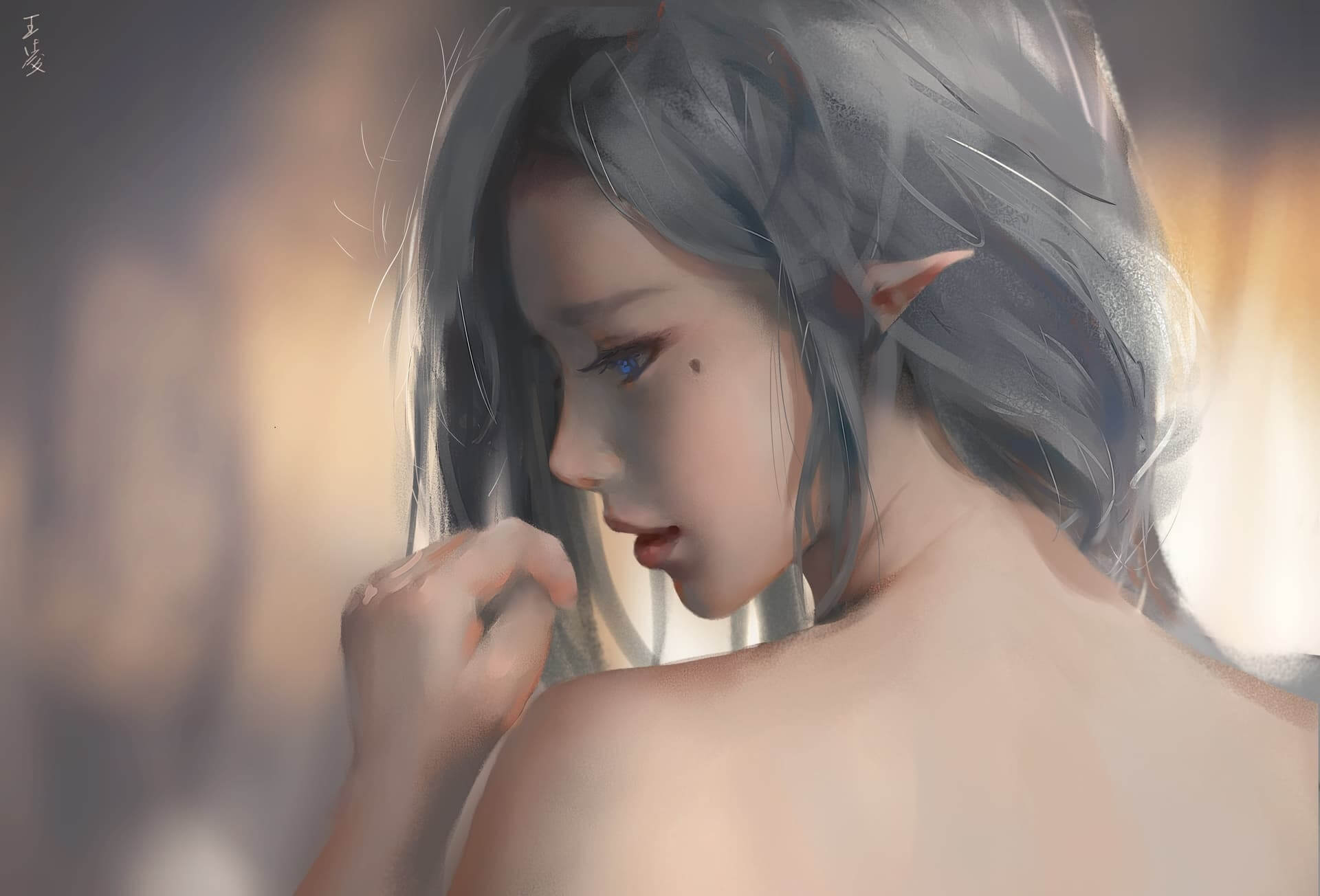A pensive elf girl with grey hair anime wallpaper, 4K