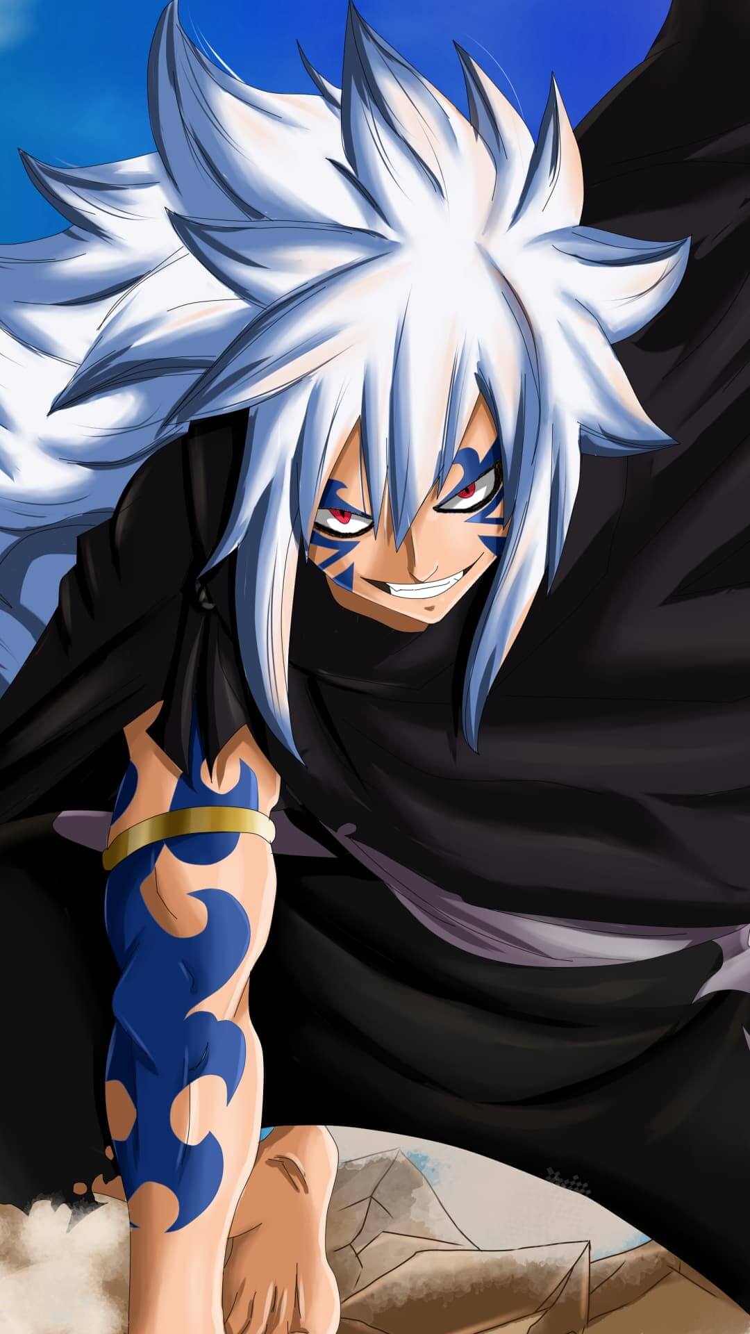 A powerful male character with spiky white hair and blue tattoos anime wallpaper, 4K