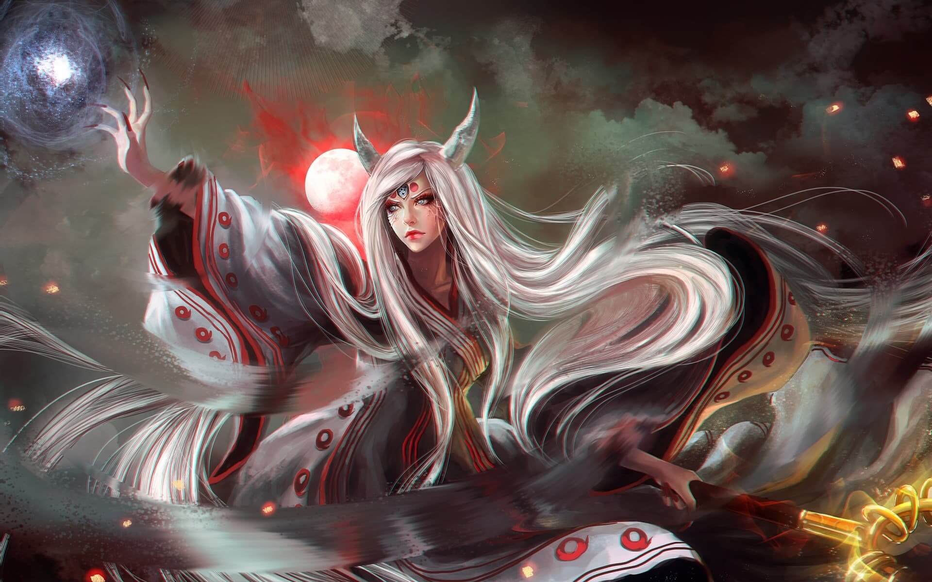 A powerful woman with long white hair, horns, and a red moon anime wallpaper, 4K