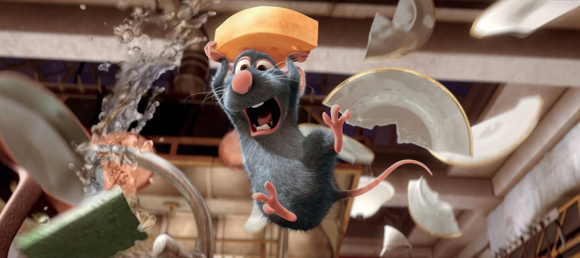 A rat joyfully holds a cheese wedge amidst broken dishes anime wallpaper, 4K