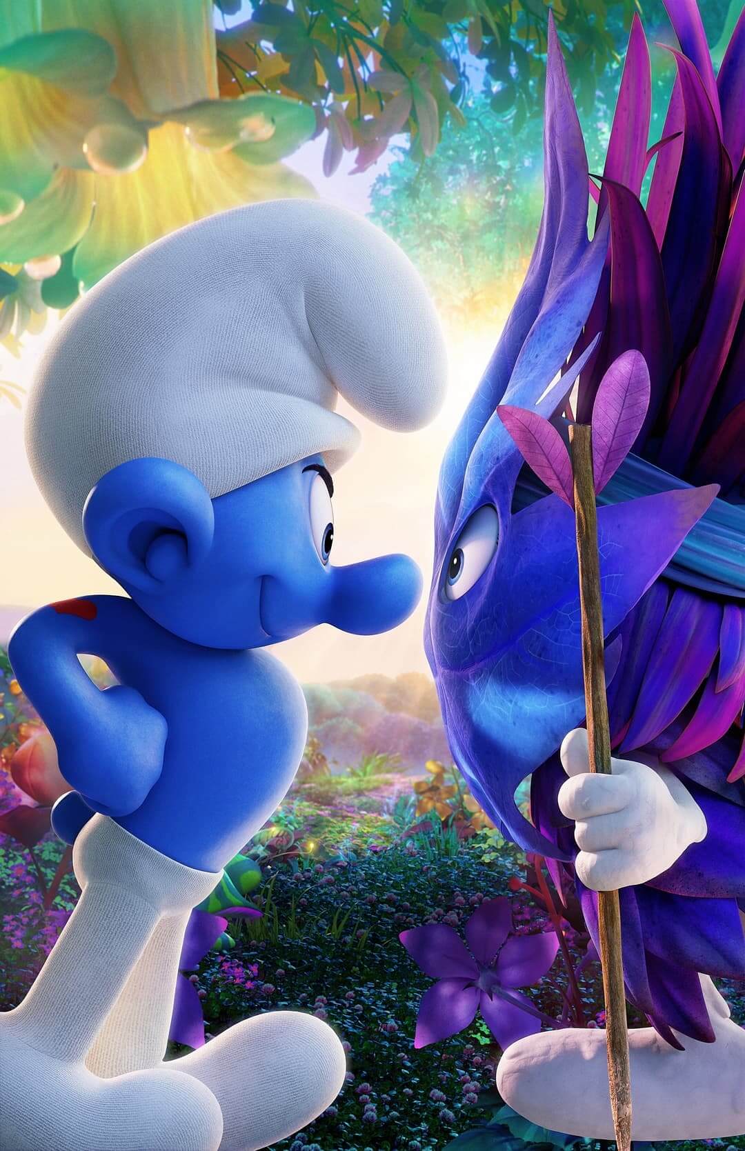 A Smurf with a strange creature face-to-face amidst a fantastical, colorful setting. anime wallpaper, 4K