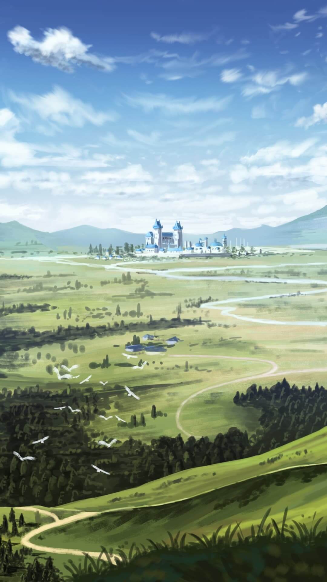 A sprawling landscape with a distant castle, birds flying anime wallpaper, 4K