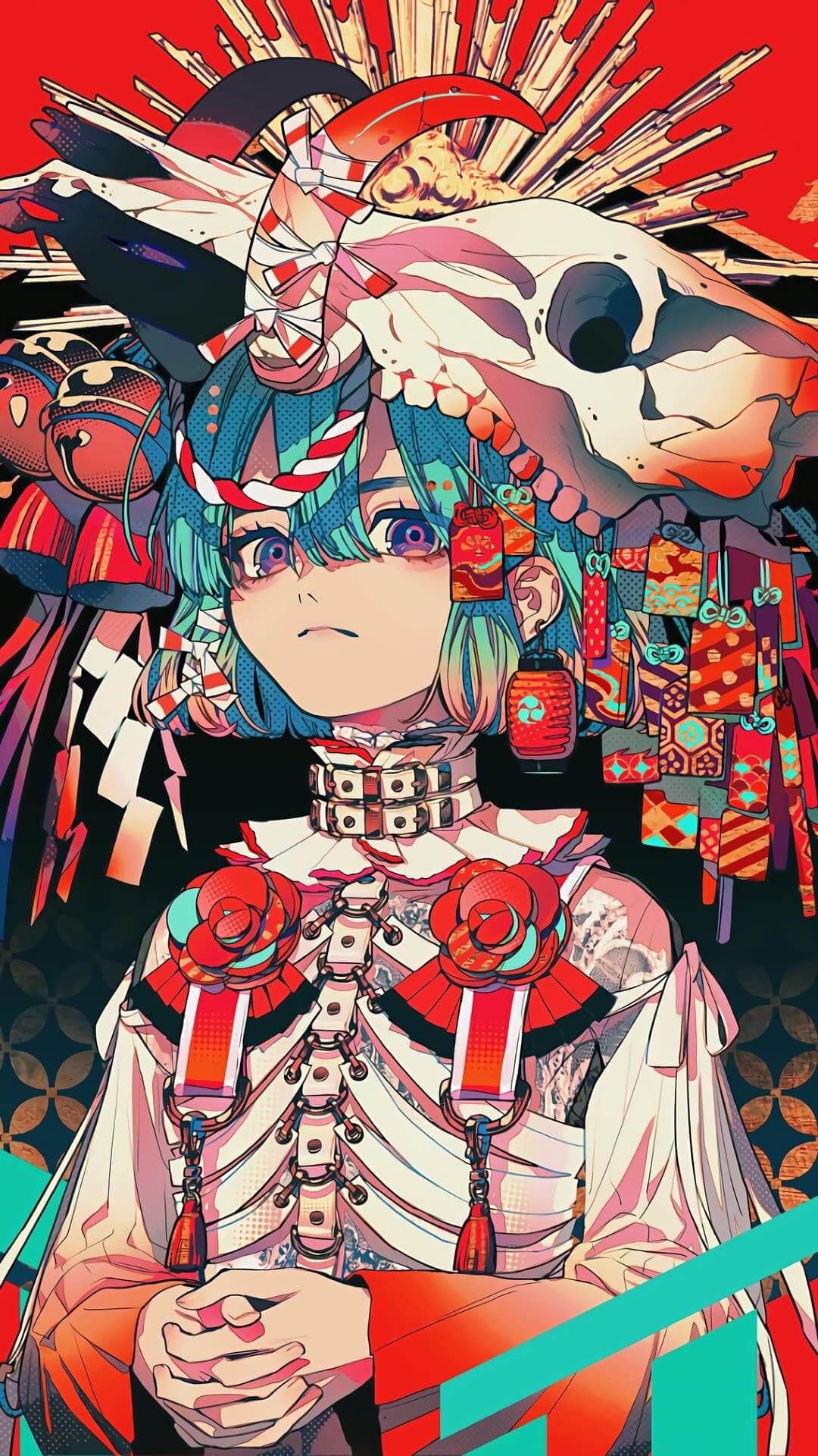 A stylized female character with a skull headdress anime wallpaper, 4K