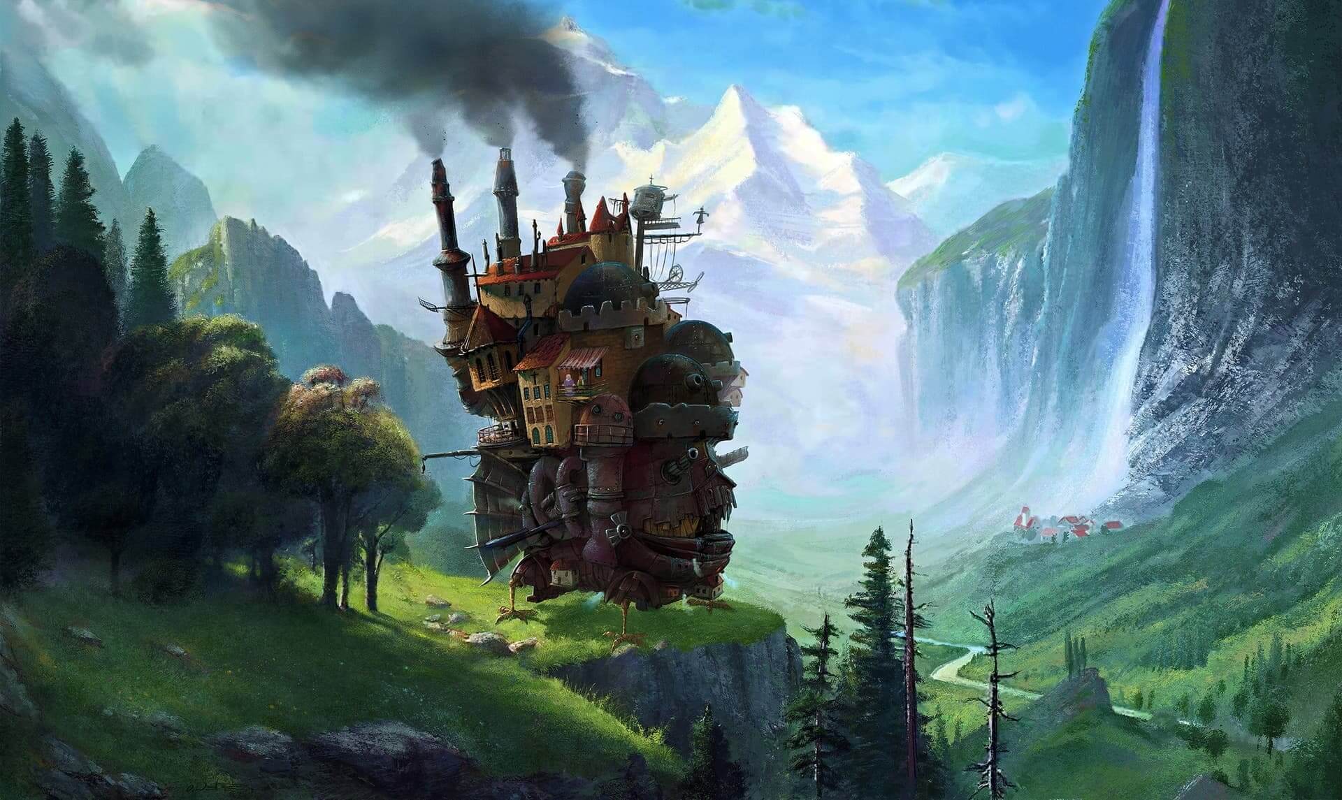 A whimsical, steampunk-style castle perched atop a cliff, overlooking a valley anime wallpaper, 4K
