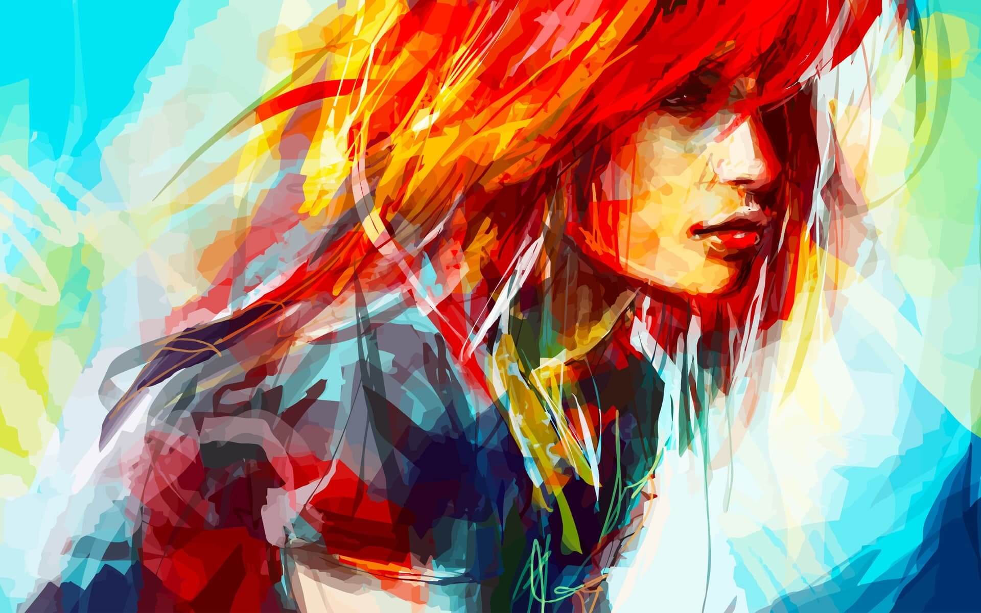 Abstract portrait of a woman with vibrant red hair anime wallpaper, 4K