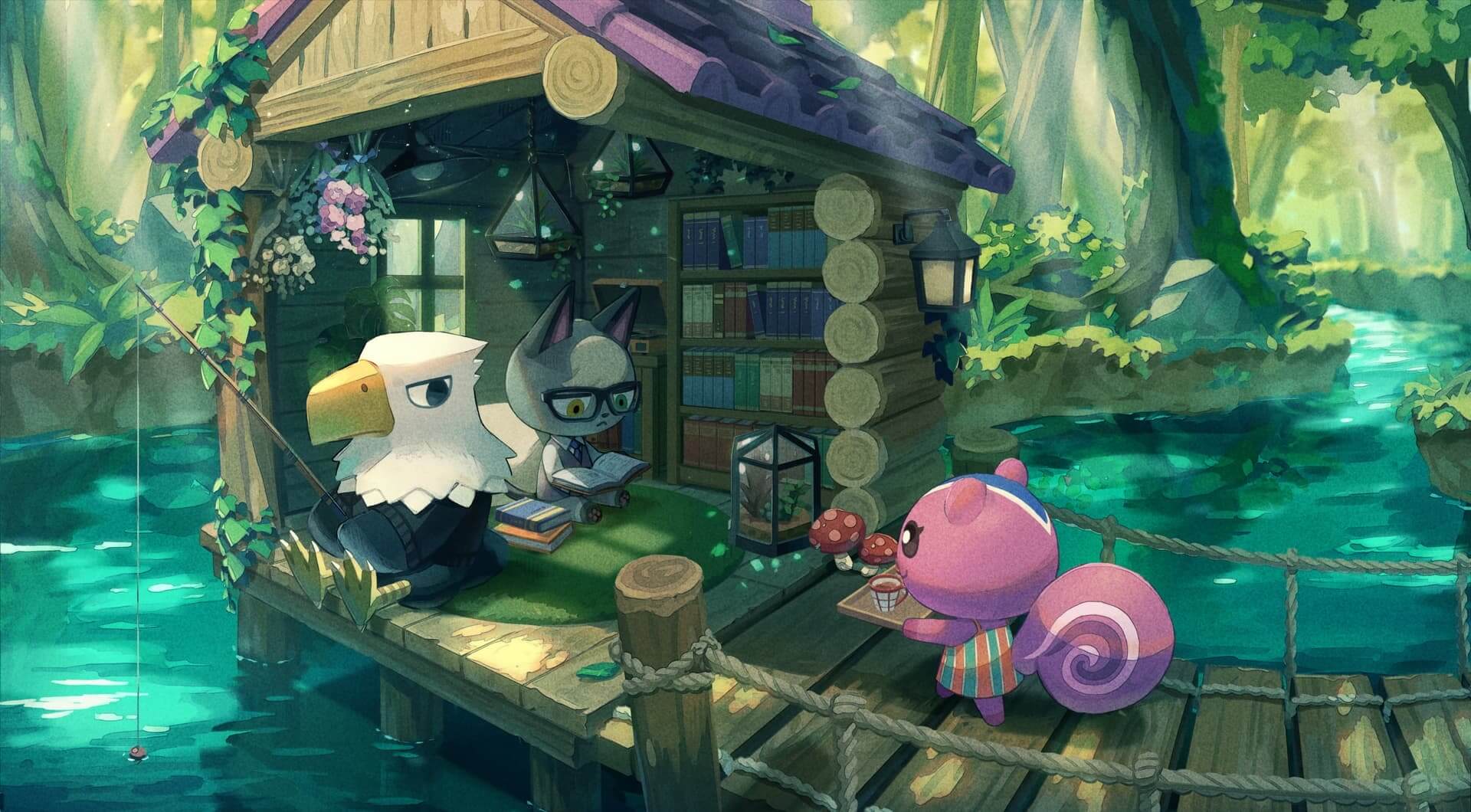 Animal Crossing characters in a forest cabin anime wallpaper, 4K