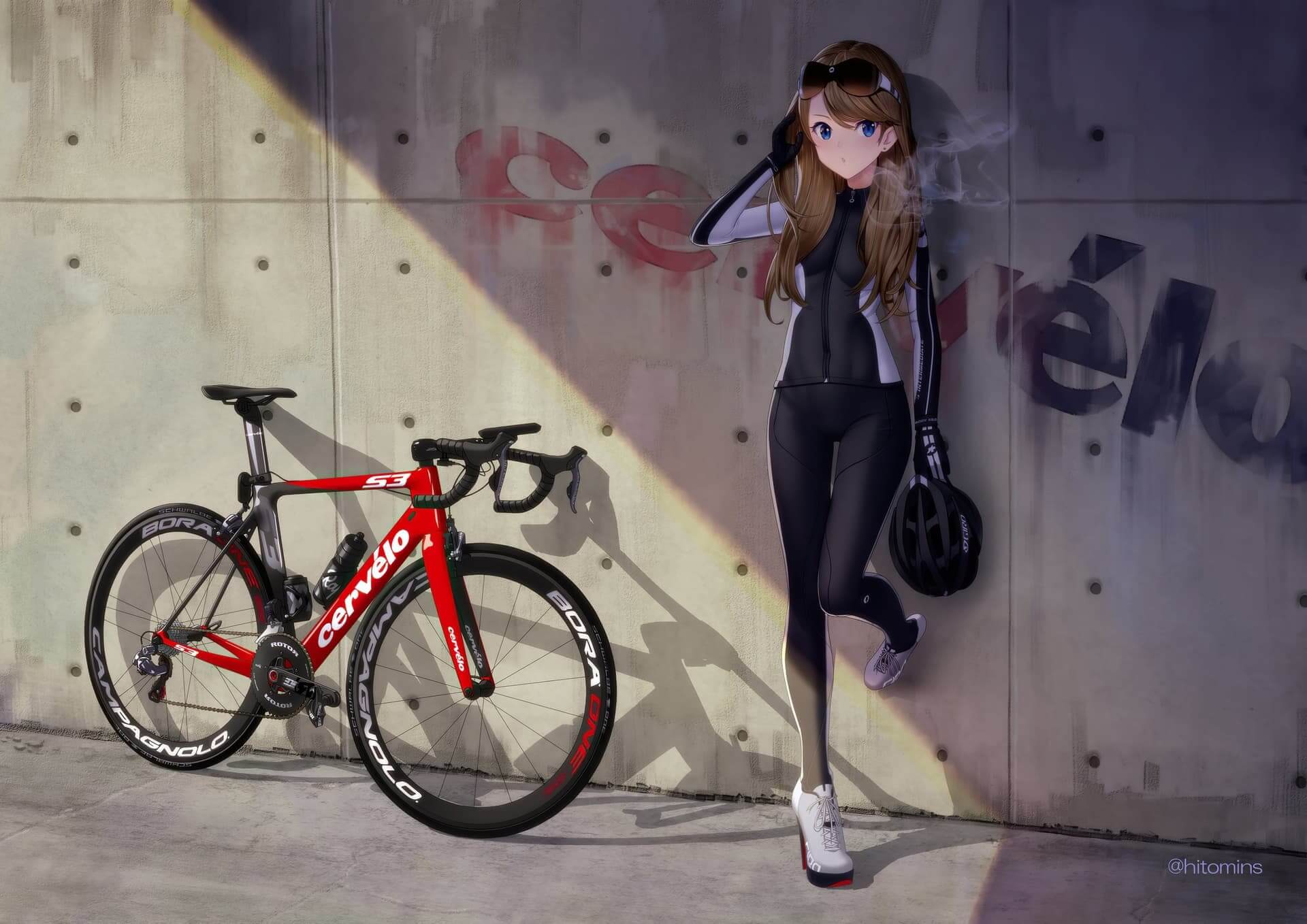 Animated cyclist leaning against concrete wall next to racing bike anime wallpaper, 4K