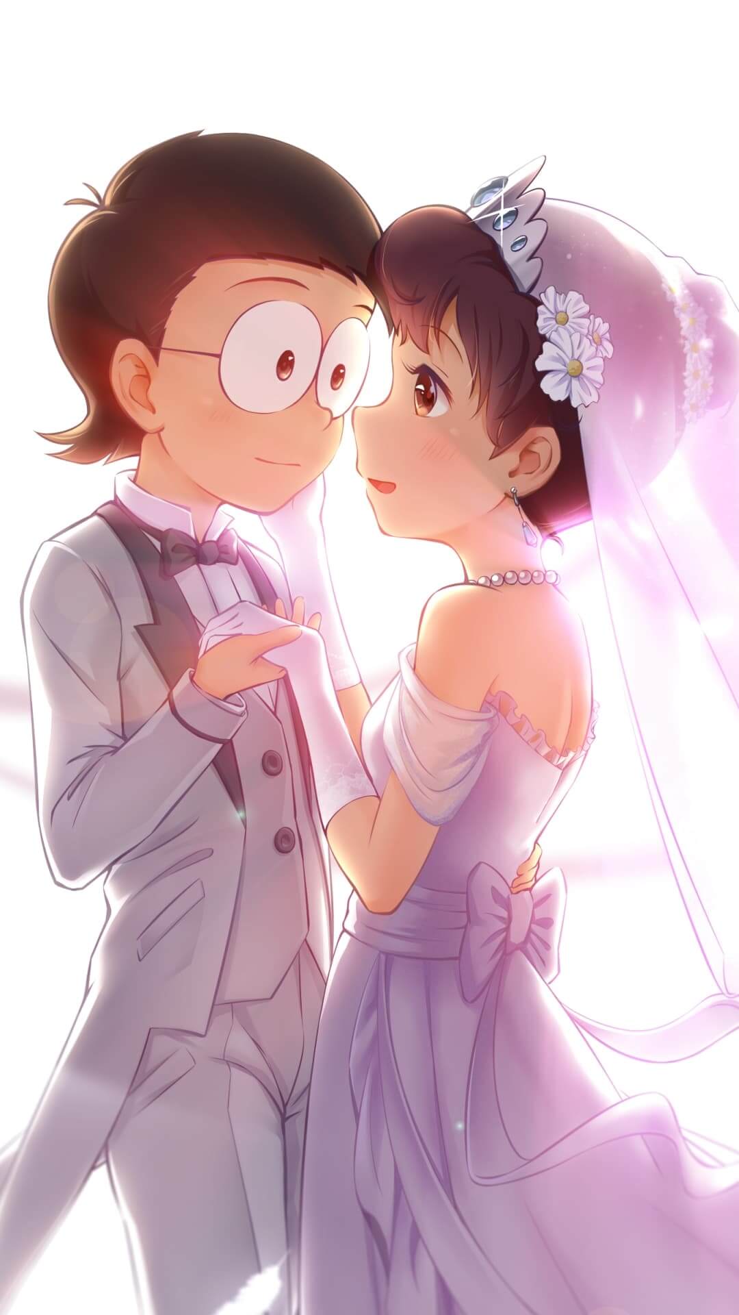 Animated wedding couple, groom and bride, holding hands anime wallpaper, 4K