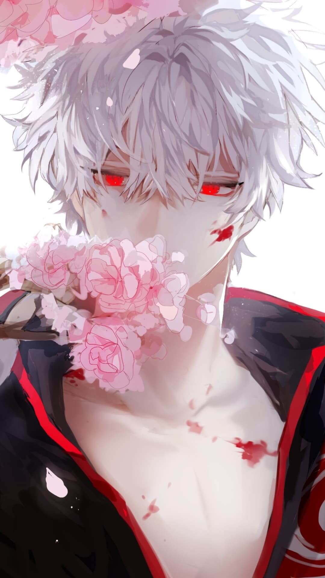Anime boy with white hair and red eyes holding flowers. anime wallpaper, 4K