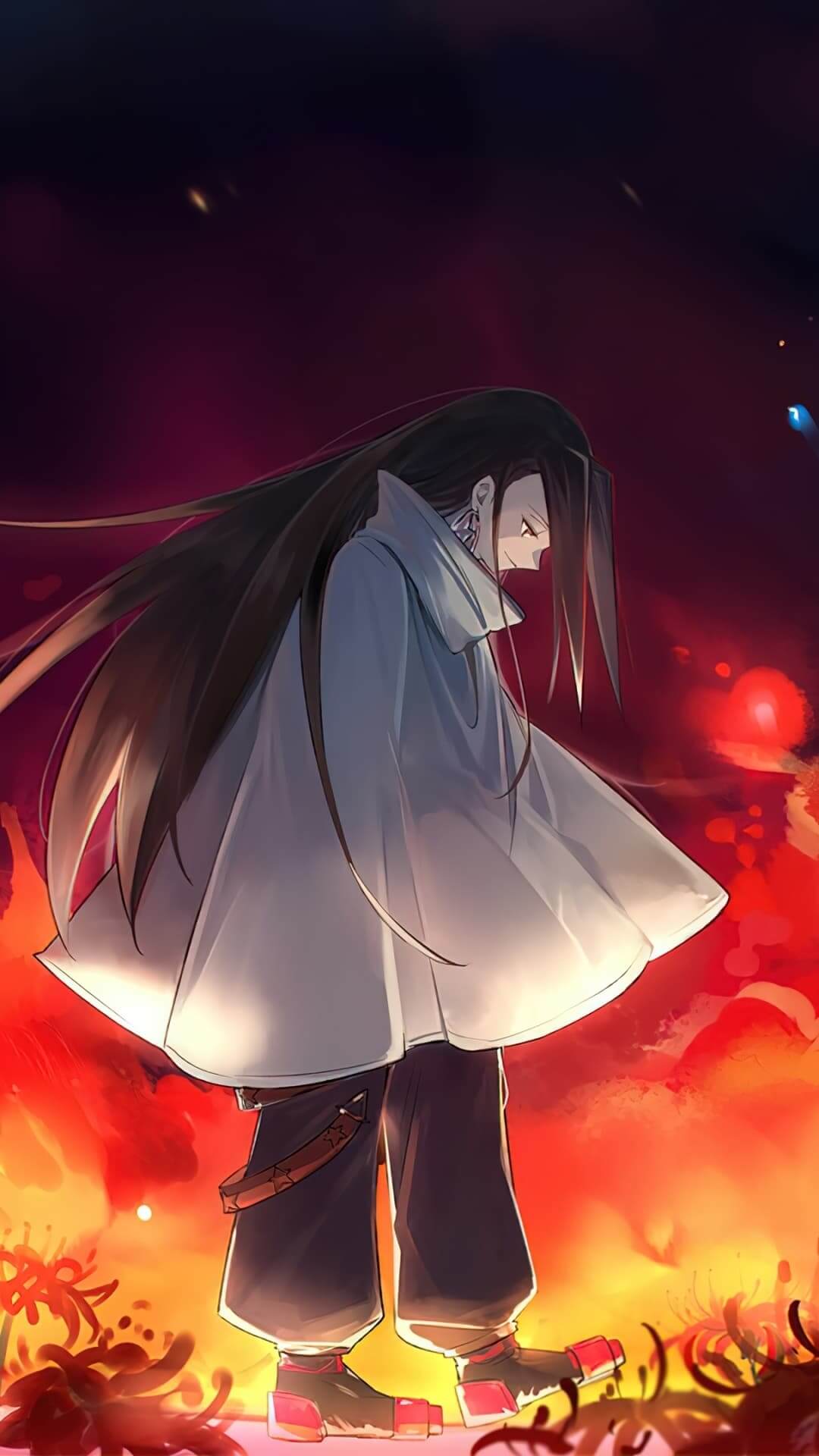 Anime character in a white cloak, fiery background anime wallpaper, 4K