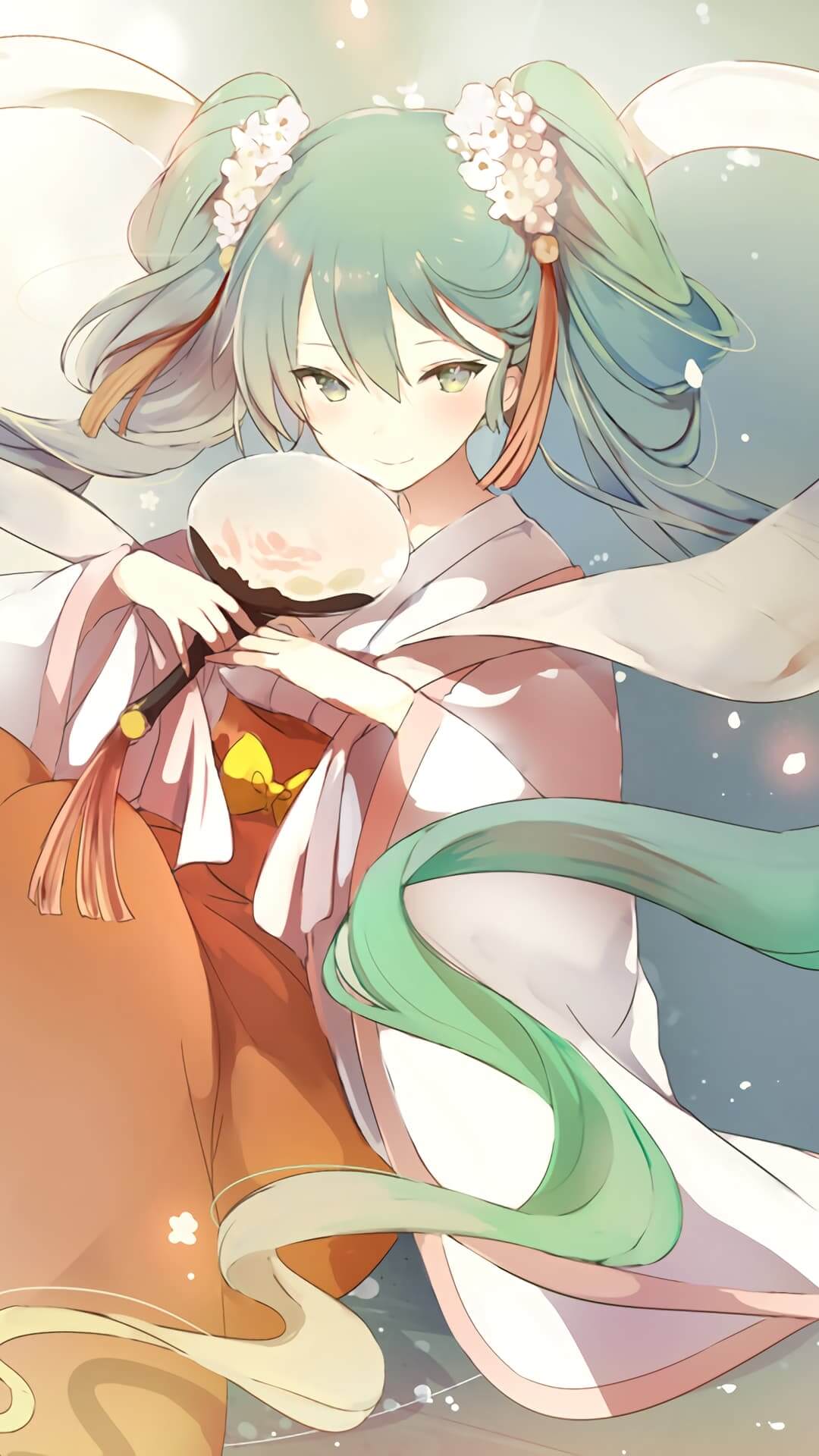 Anime girl in kimono, smiling, holding fan anime wallpaper, 4K