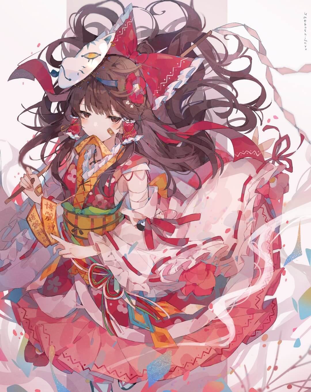 Anime girl in red and white kimono, holding a stick anime wallpaper, 4K
