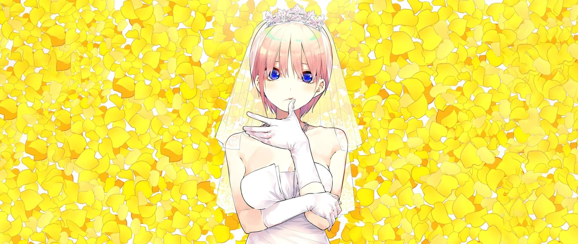 Anime girl in wedding dress surrounded by yellow petals anime wallpaper, 4K
