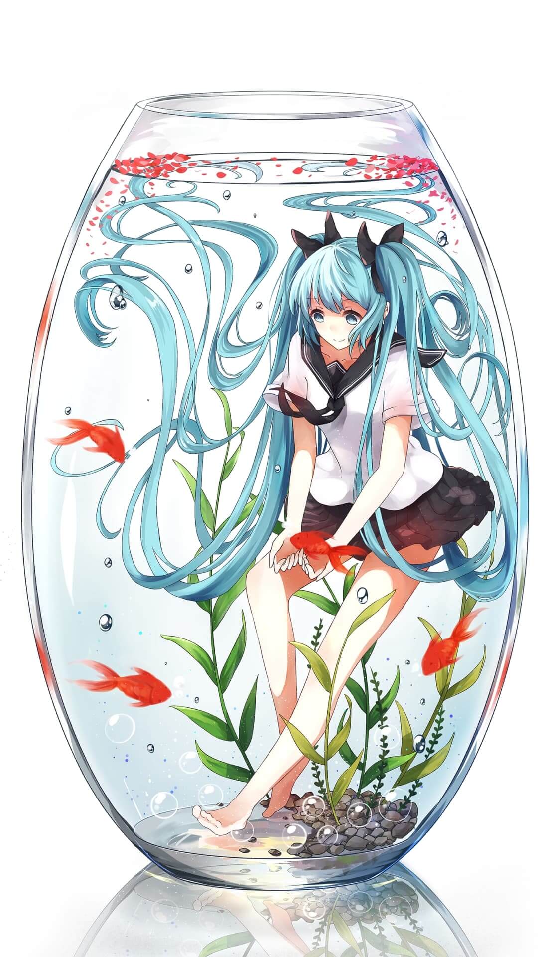 Anime girl inside a fishbowl with goldfish and seaweed anime wallpaper, 4K