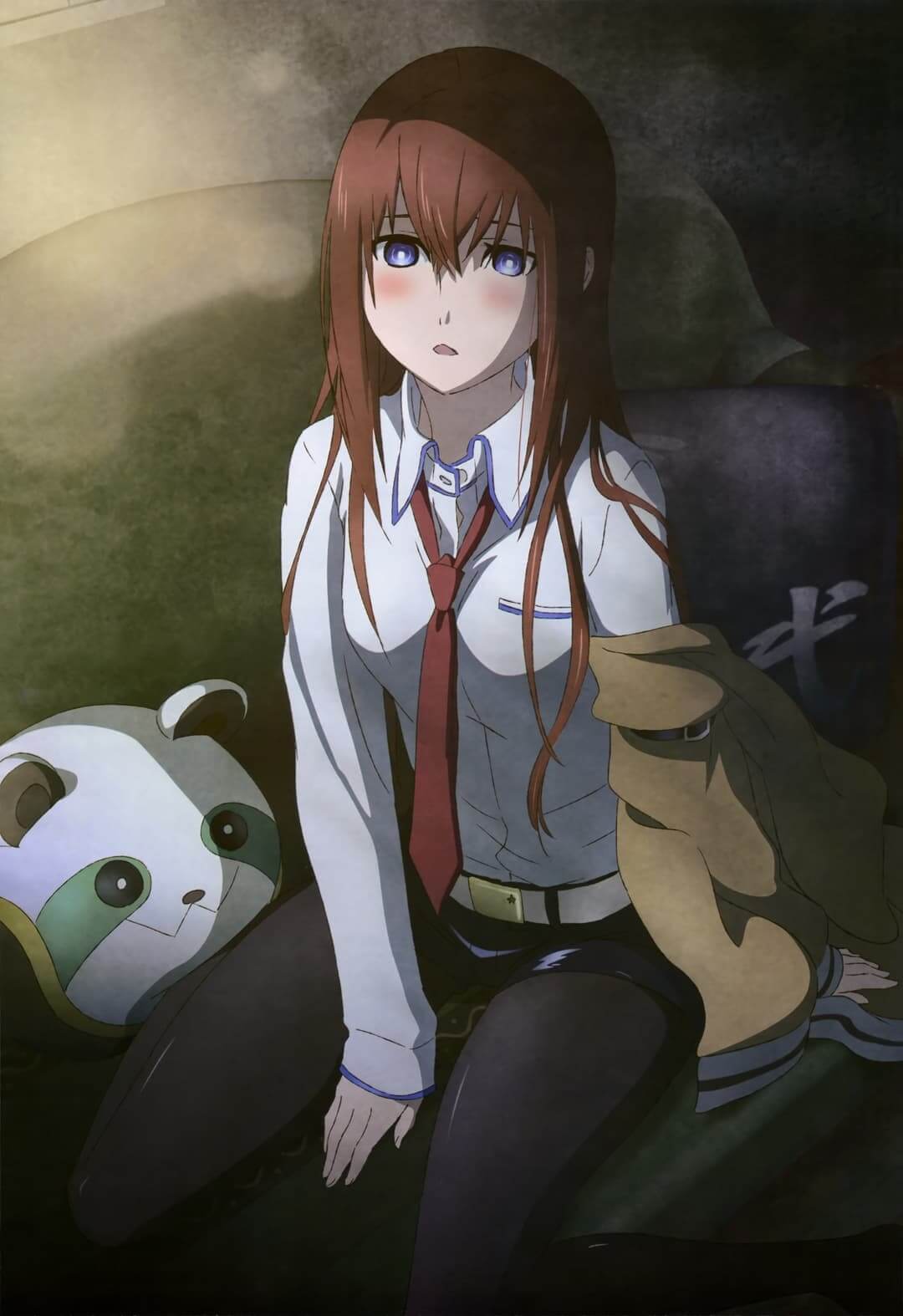 Anime girl sitting on a couch with a plush toy anime wallpaper, 4K