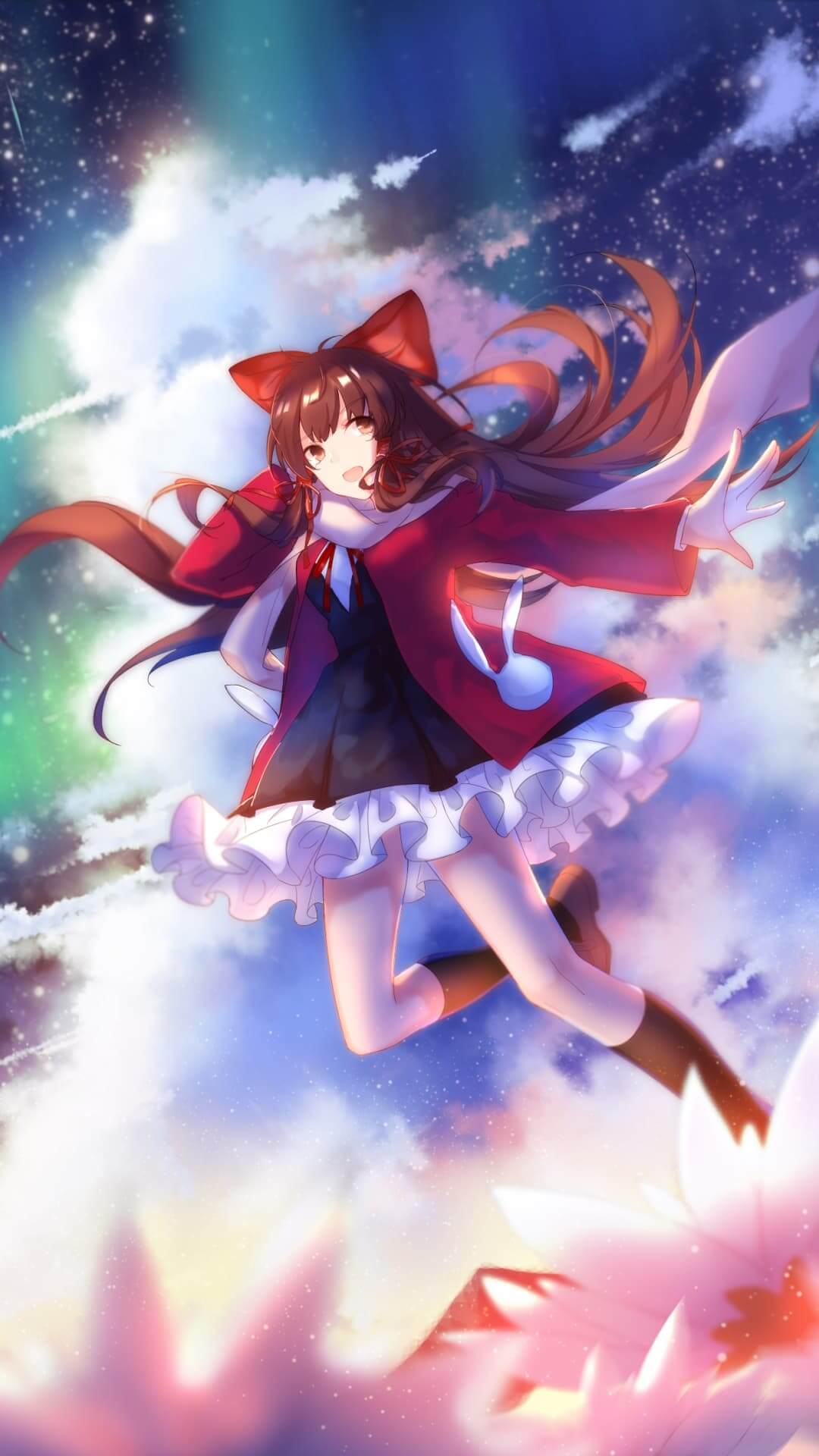 Anime girl soaring through clouds, wearing red coat and big ribbon anime wallpaper, 4K