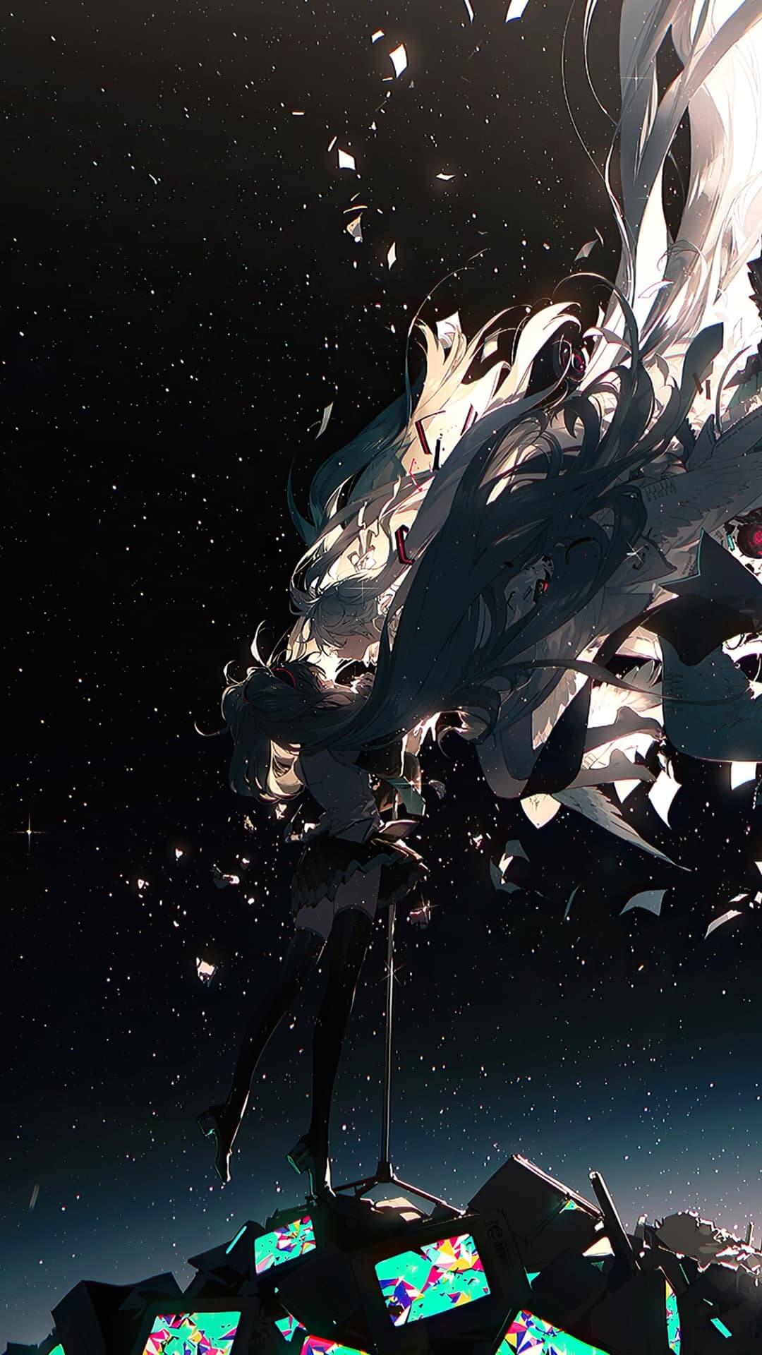 Anime girl stands on stacked monitors under starlit sky anime wallpaper, 4K